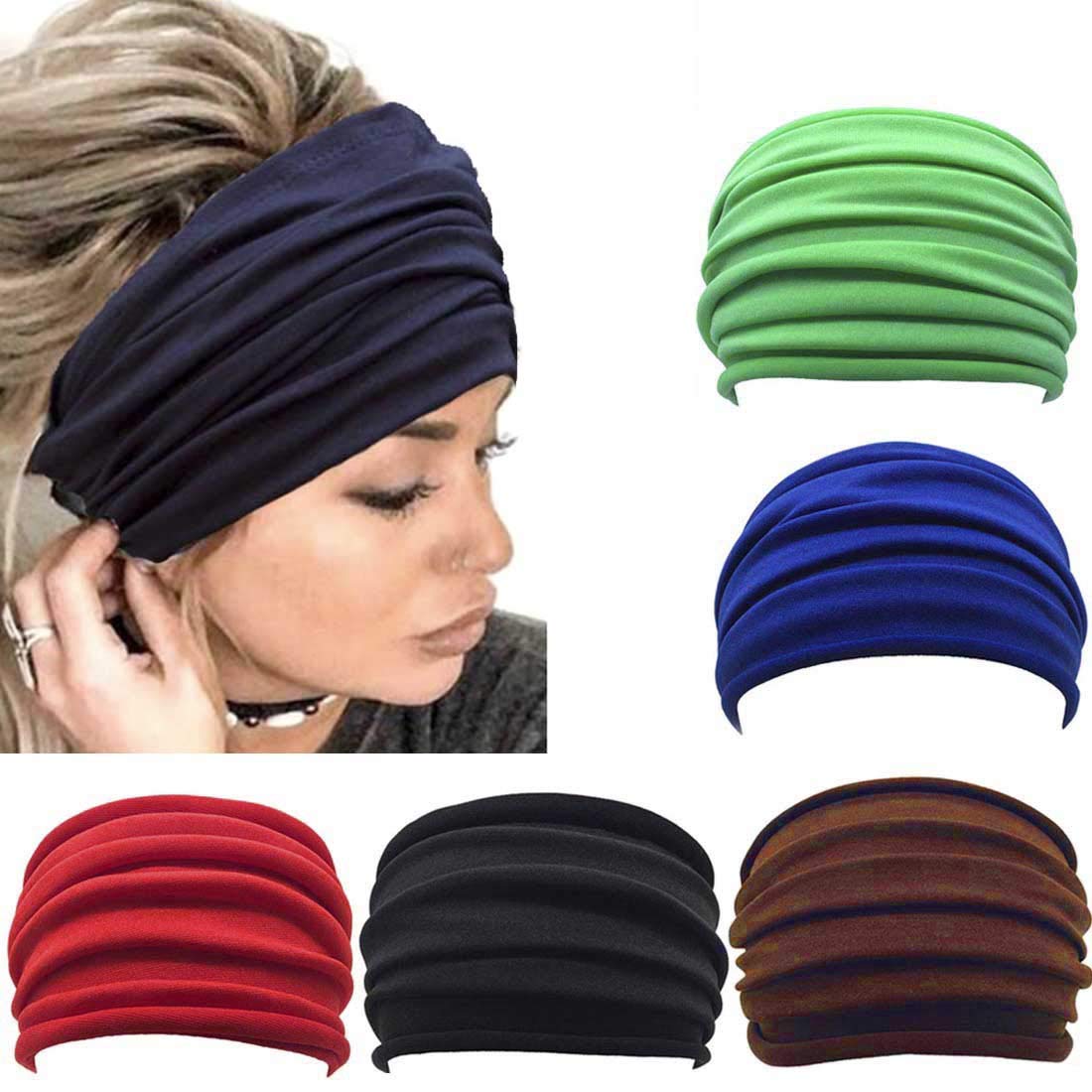 Boho Headbands for Women - 5 Pack Extra Wide Stretchy Black African Head Wraps & Hair Accessories | Perfect for Yoga, Workouts, Fashion and Everyday Wear