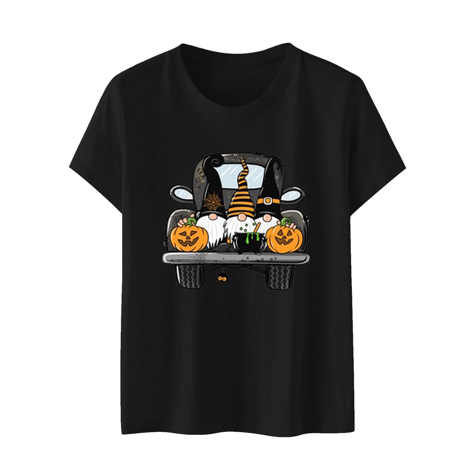 Halloween Cat Skull Print Women's Short Sleeve Crewneck T-Shirt - Casual Loose Fit Basic Tee for Women | Perfect for Halloween Costumes, Themed Parties & Everyday Wear
