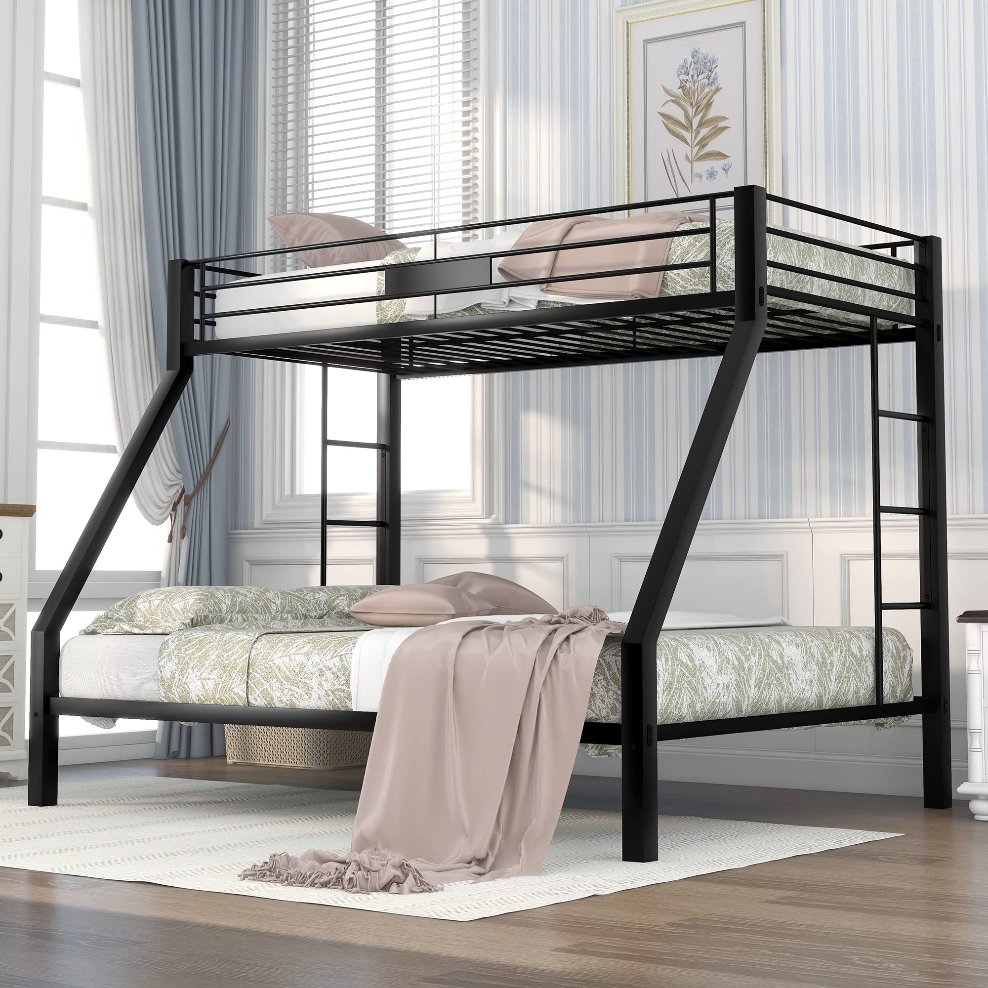 Bellemave Twin XL Over Queen Metal Bunk Bed with 2 Ladders - Space Saving Bunk Bed for Kids, Teens & Adults - Sturdy Sandy Black Frame - Perfect for Dorms, Guest Rooms & Small Spaces