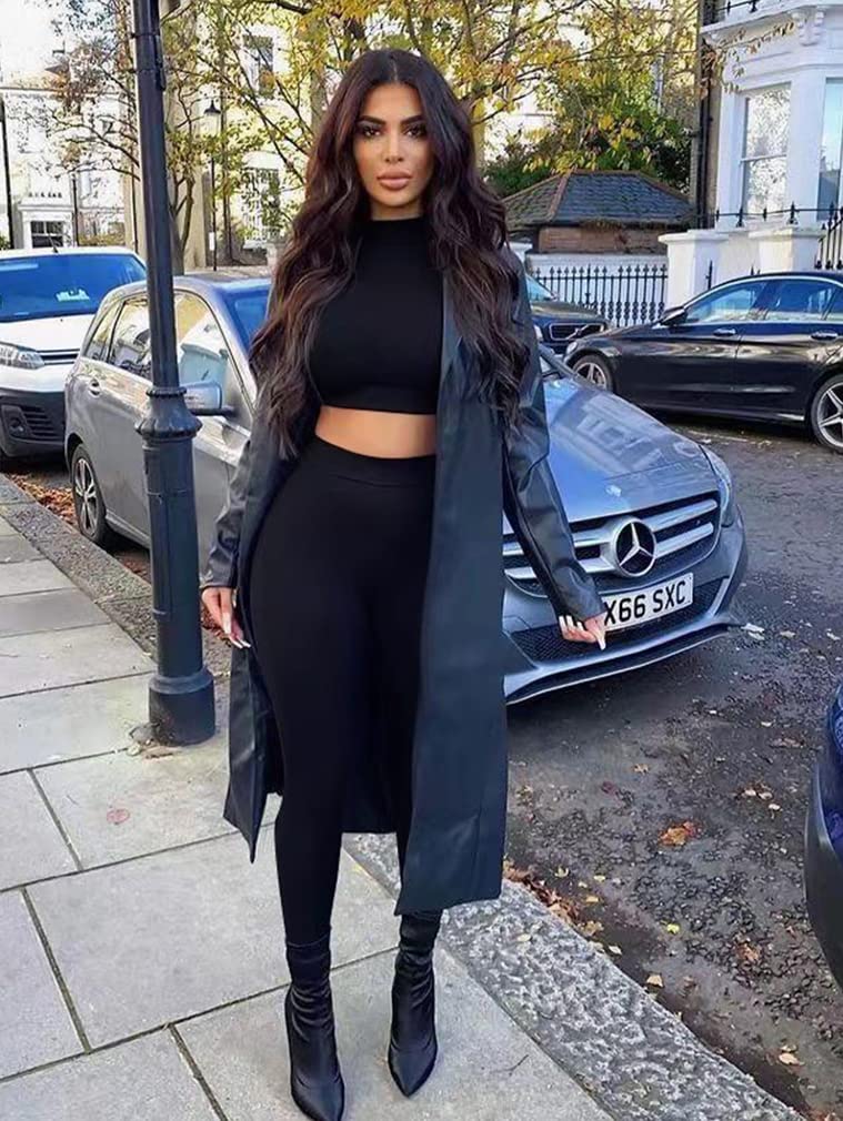 GOKATOSAU Women's Sexy 2 Piece Outfit Long Sleeve Crop Top & High Waist Pants Set - Clubwear, Party Jumpsuit for Night Out, Date Night, and Casual Wear