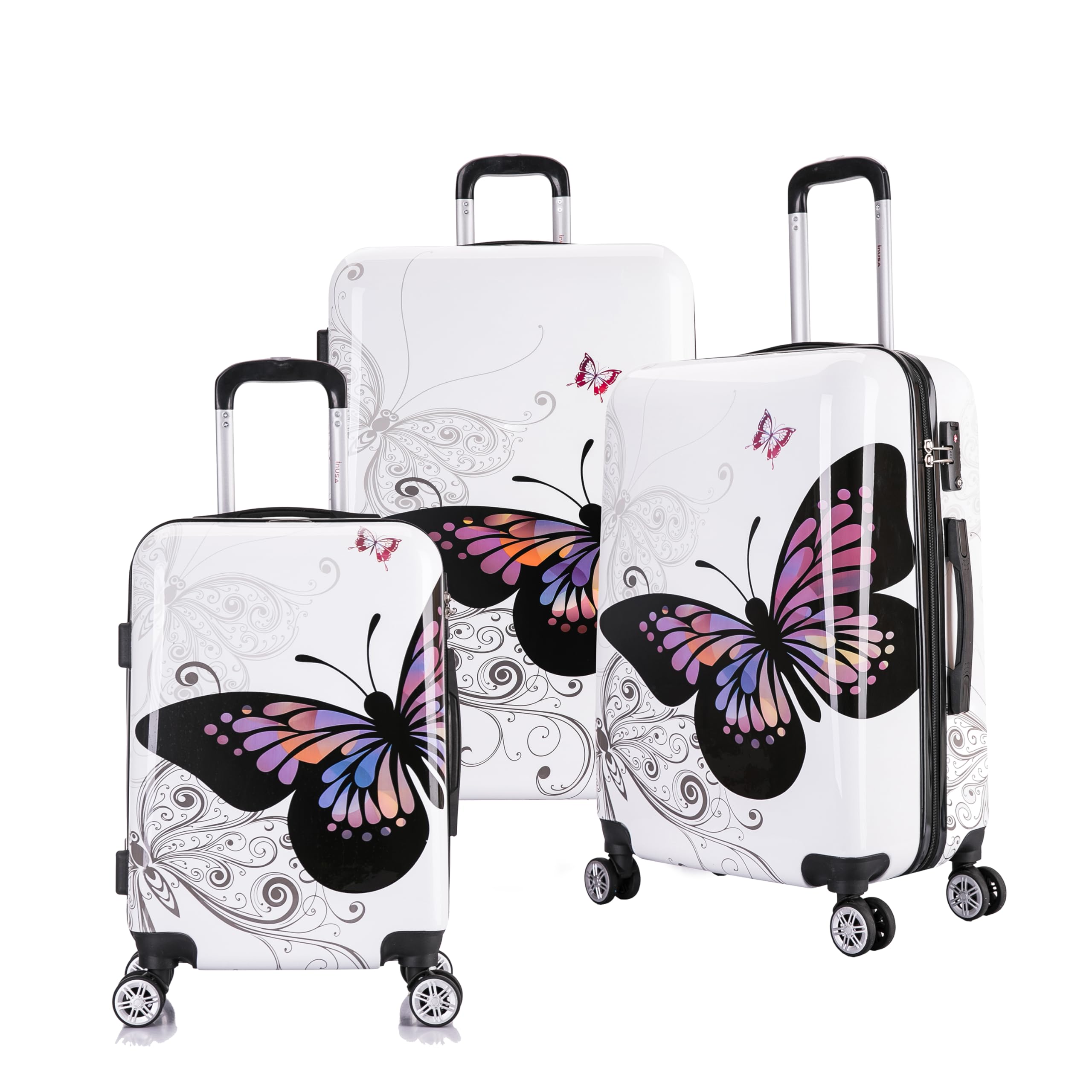 InUSA Butterfly Print Luggage Set with 360° Spinner Wheels - 3-Piece Durable Lightweight Hardside Suitcase (20in, 24in, 28in) for Women Travel | Carry-On & Checked Bag for Airplane, Vacation & Business Trips