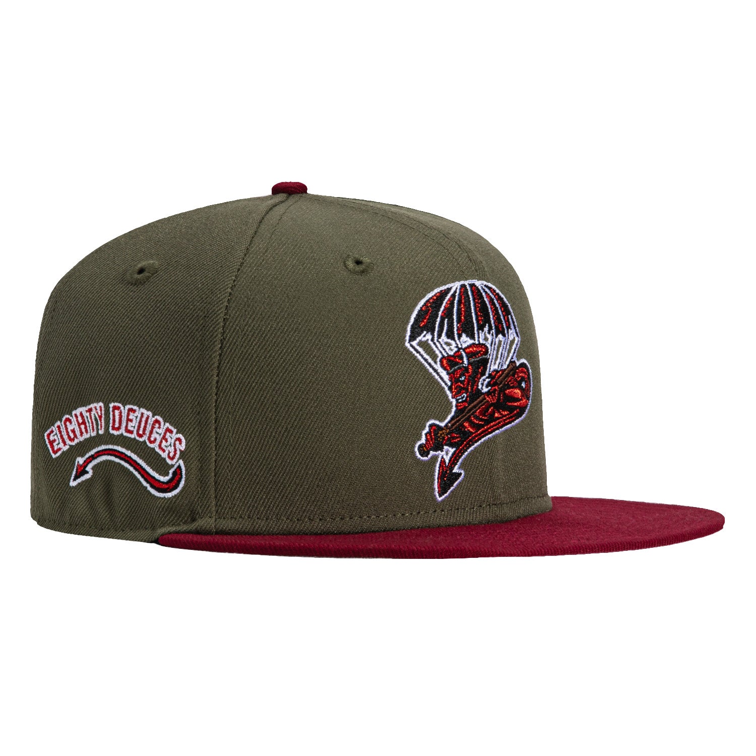 New Era 59Fifty Fayetteville Woodpeckers Eighty Deuces Patch Hat - Olive & Cardinal Colors | Official MLB Baseball Cap for Men & Women | Perfect for Games, Collecting & Streetwear Fashion