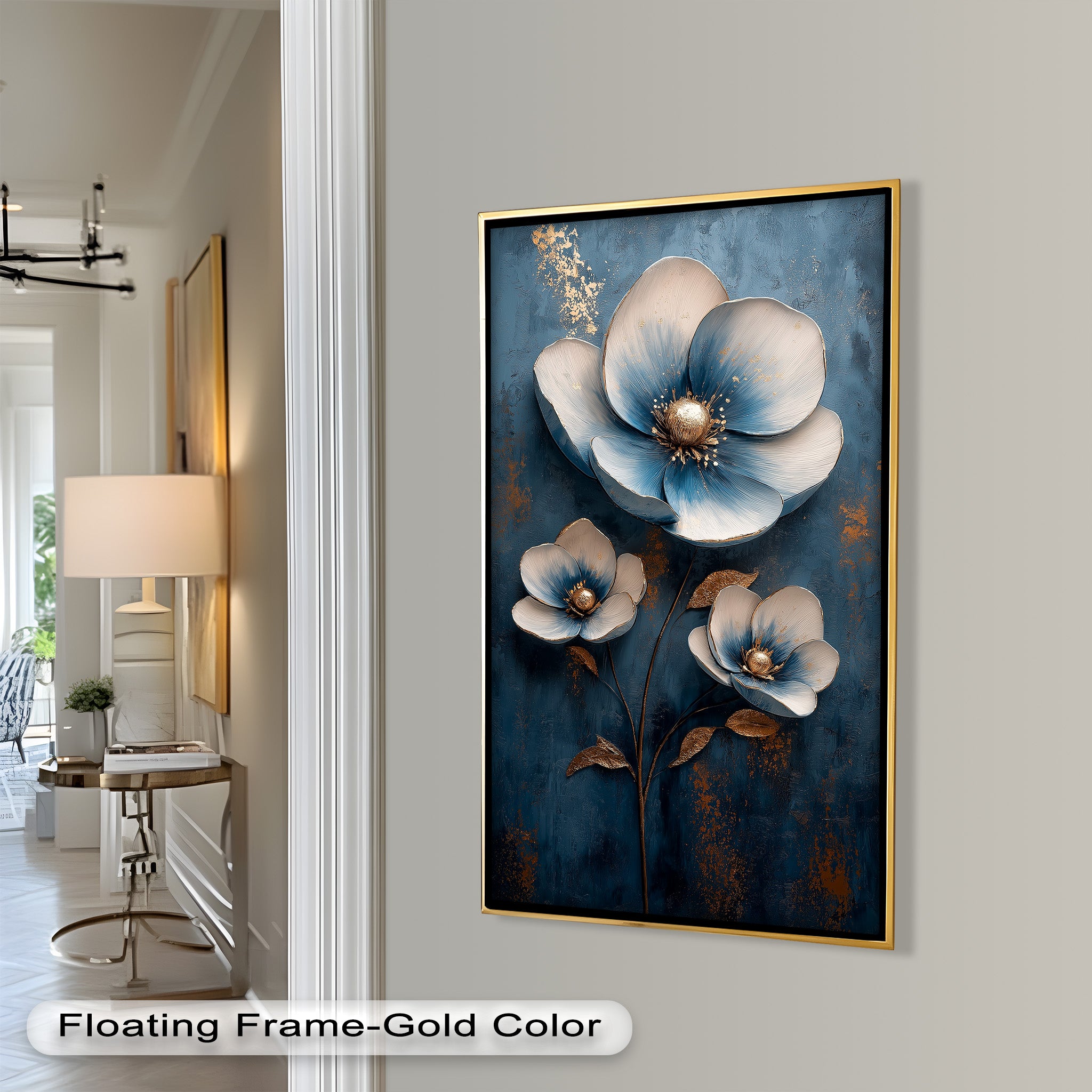 Blue and Gold Flower Modern Oil Painting - Handmade Canvas Wall Art for Living Room, Bedroom & Office Decor