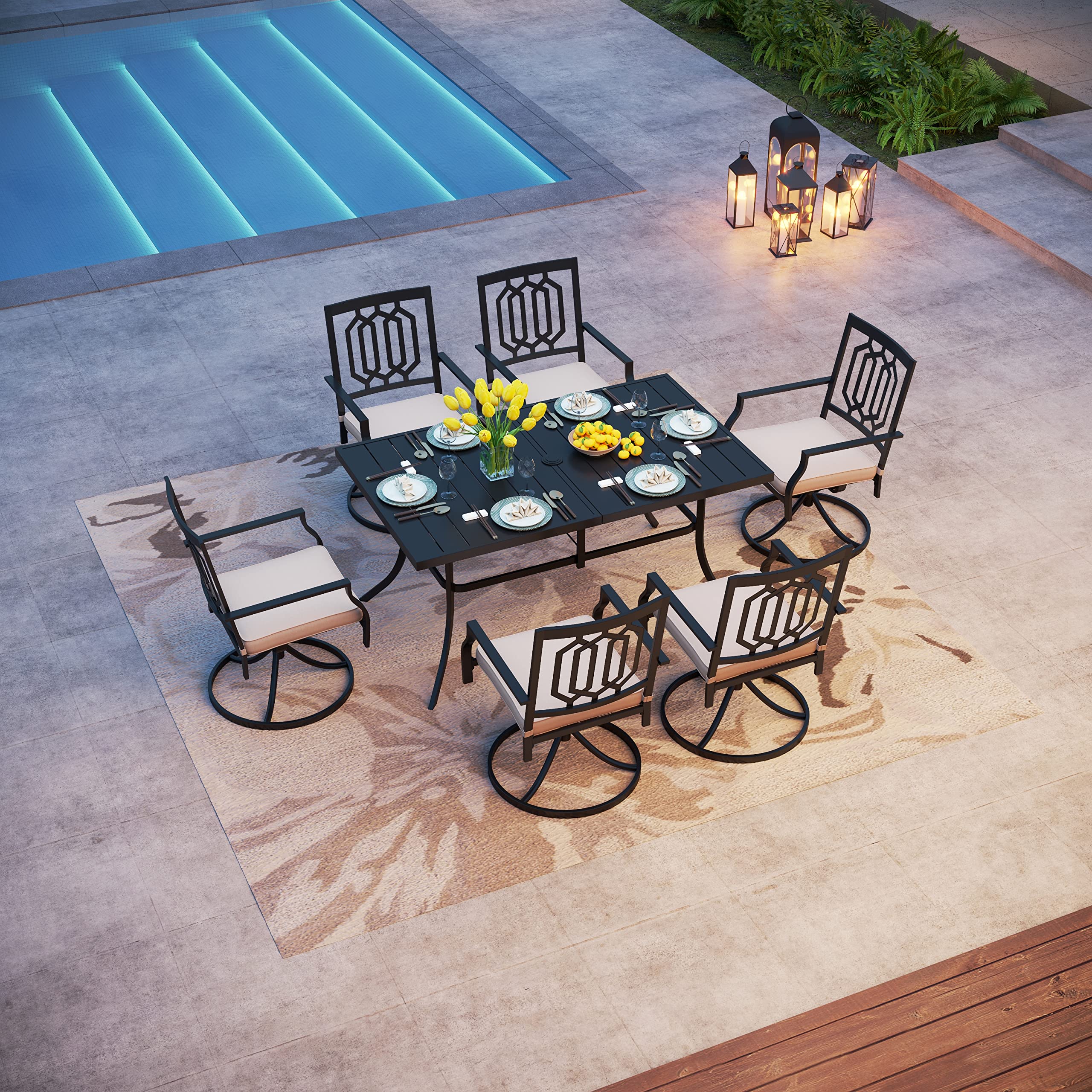 PHI VILLA 7-Piece Outdoor Patio Dining Set with Swivel Chairs - 300 lbs Capacity Metal Table with Umbrella Hole & Cushioned Seating for Backyard, Garden, Bistro, and Poolside Relaxation