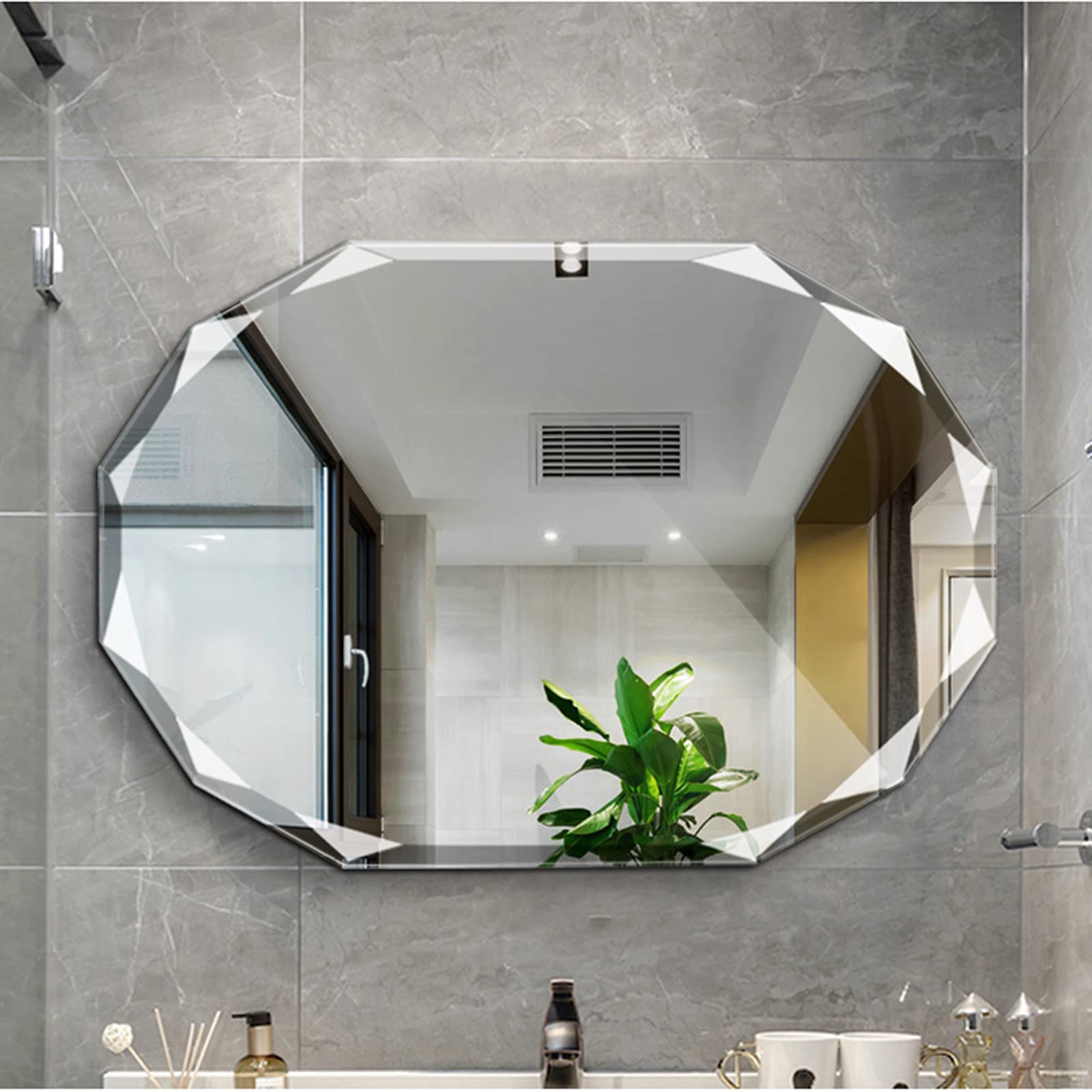 Large 80x60cm Decorative Wall Mirror with Crystal Engraving & Beveled Edges - Frameless Ornate Jewel Mirror for Living Room, Bedroom & Entryway Decor