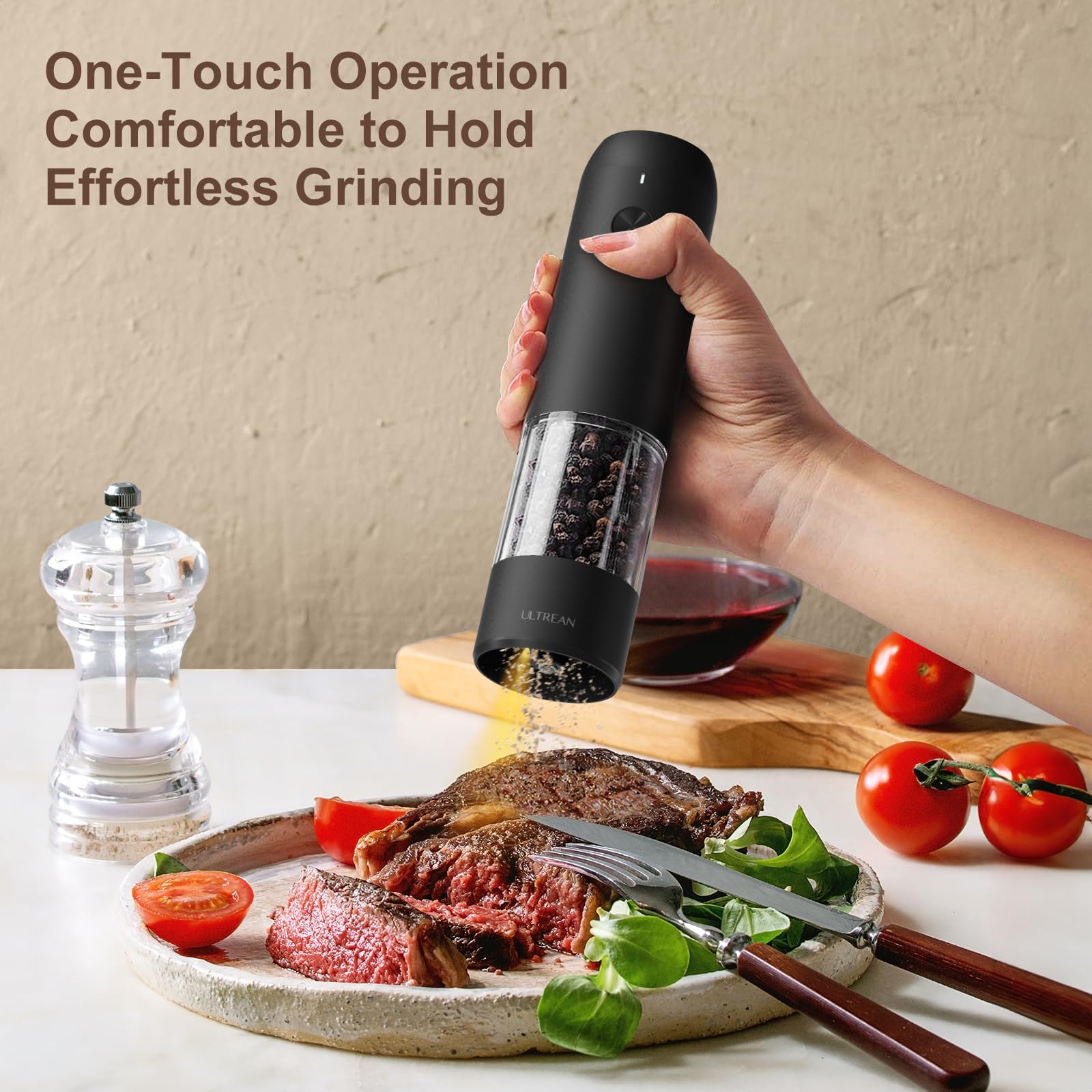 Ultrean Rechargeable Electric Salt and Pepper Grinder Set (2 Pack) - Adjustable Coarseness, LED Light, One-Hand Operation - Perfect for Kitchen, Dining Table & Outdoor Cooking - Black