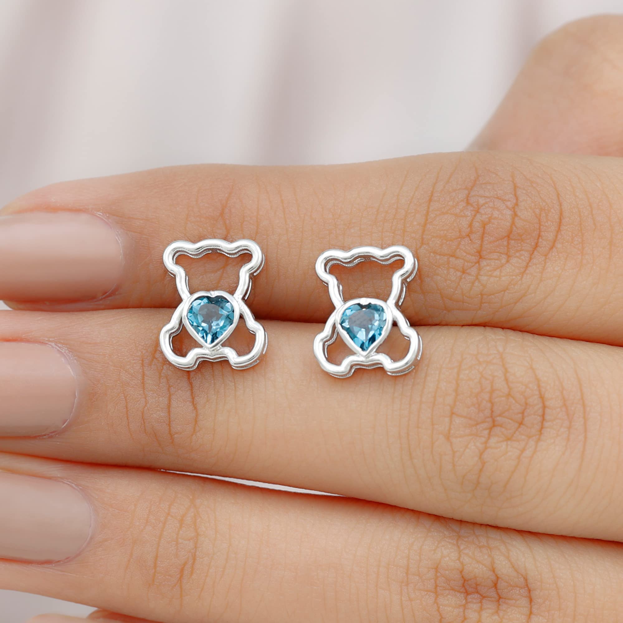 AAA Quality Cute Teddy Bear Earrings with London Blue Topaz & Heart Studs | Screw Back for Secure Fit | Perfect Women's Jewelry Gift for Birthday, Anniversary & Valentine's Day