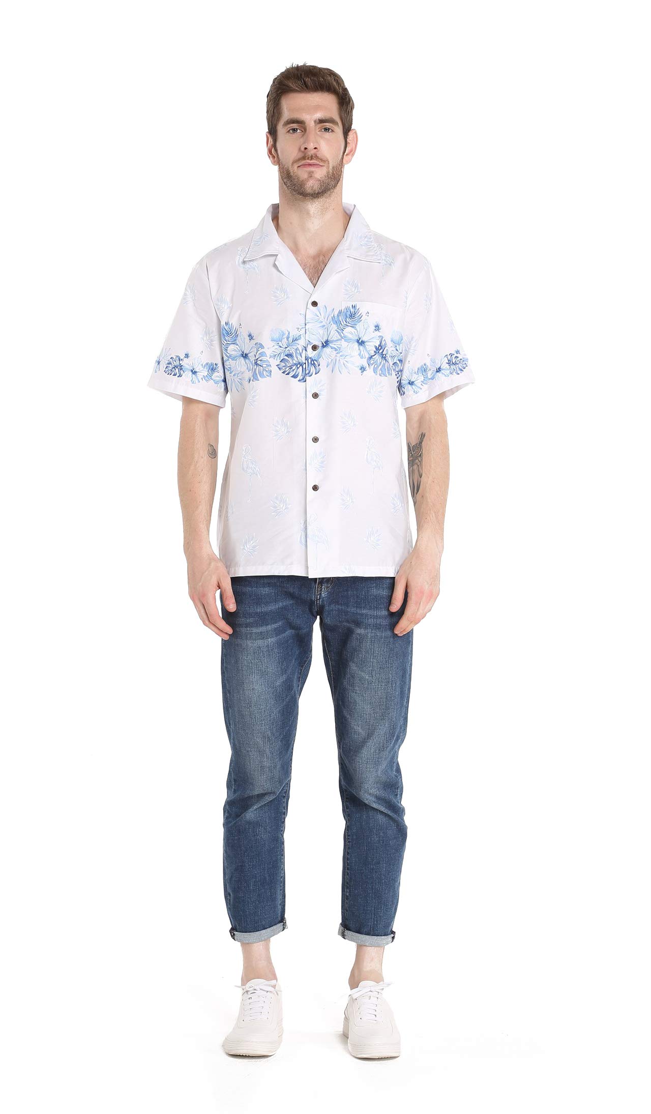 Father Daughter Matching Hawaiian Luau Dance Outfit - White & Blue Hibiscus Shirt and Skirt Set for Beach Party, Family Vacation, and Tropical Themed Events