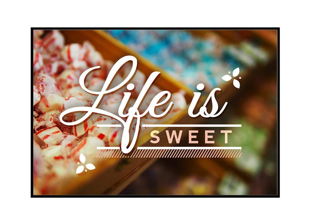 Life is Sweet Rows of Candy Sentiment - 24x16 Inch Stretched Canvas Wall Art in Wooden Frame - Perfect for Living Room, Bedroom, or Office Decor