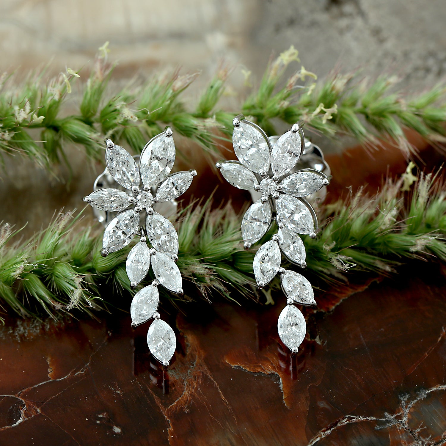 Exquisite Marquise Cut Rose Cut Diamond Dangle Earrings in 18K White Gold - Perfect Gift for Women, Brides & Anniversary - Elegant Jewelry for Weddings, Parties & Special Occasions