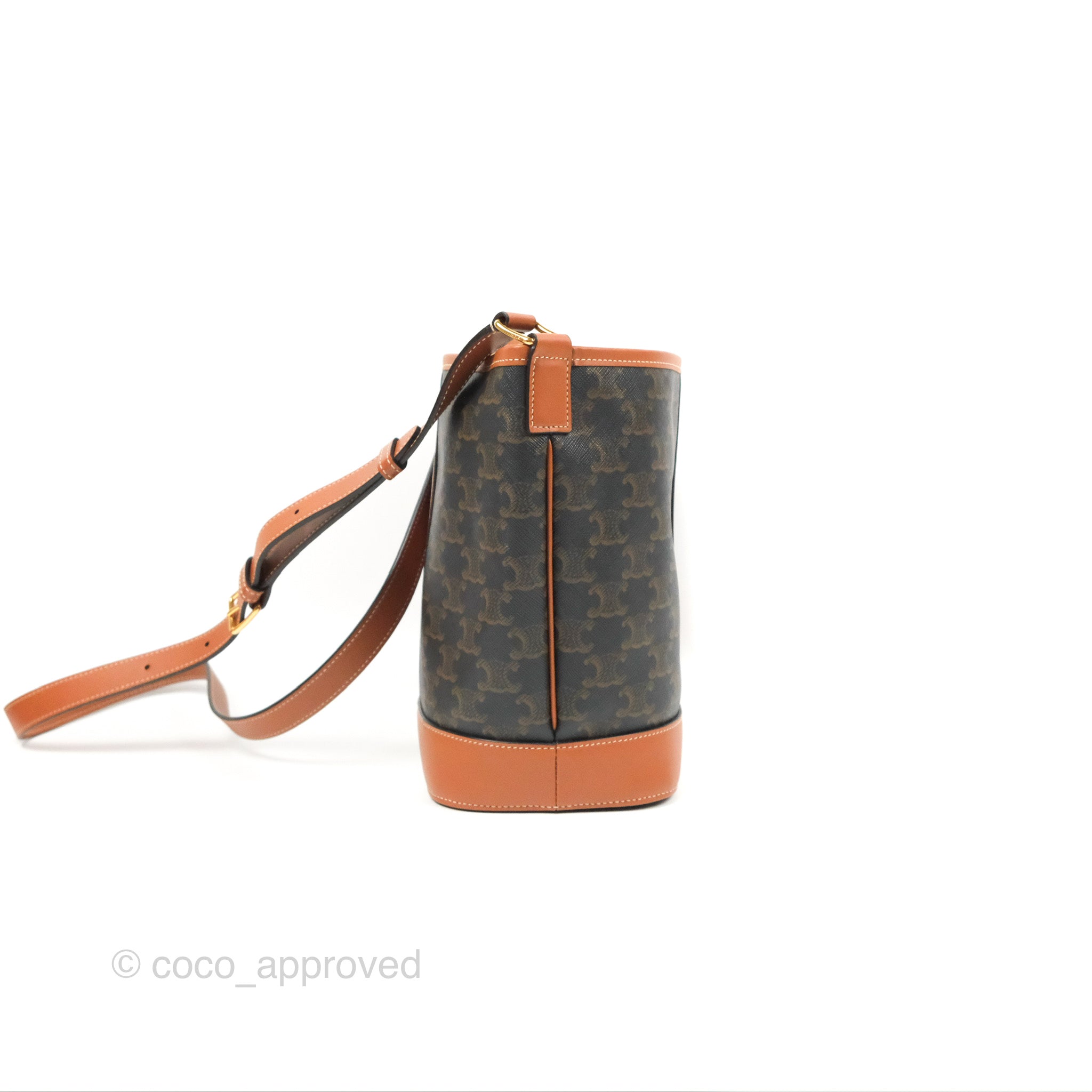 Celine Small Bucket Bag in Triomphe Canvas & Tan Calfskin Leather - Perfect for Everyday Use, Work & Travel
