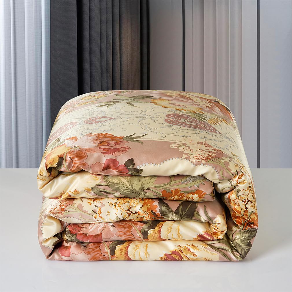 Maxfeel 100% Mulberry Silk Duvet Cover Set - Floral Print Queen/King Size Luxury Bedding | Breathable & Hypoallergenic for All-Season Comfort | Perfect for Master Bedroom, Guest Room & Hotel Decor