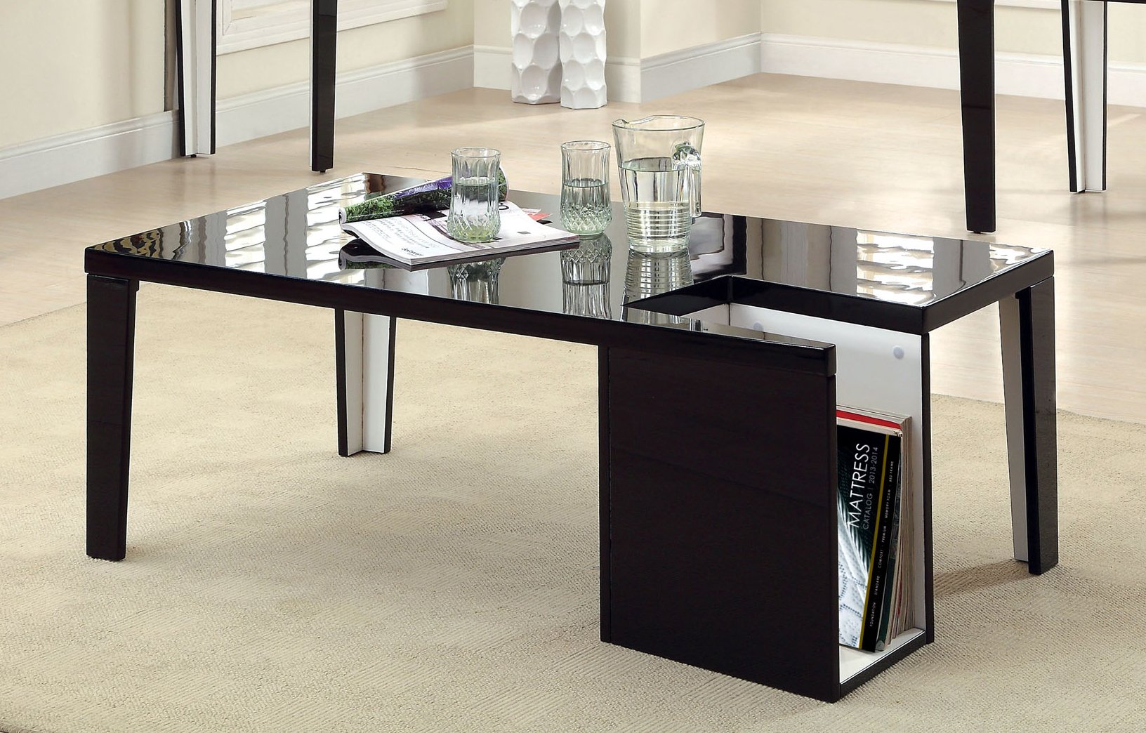 24/7 Shop at Home Naomi Contemporary Rectangle Coffee Table with Storage - Modern Black End Table for Living Room, Bedroom & Office
