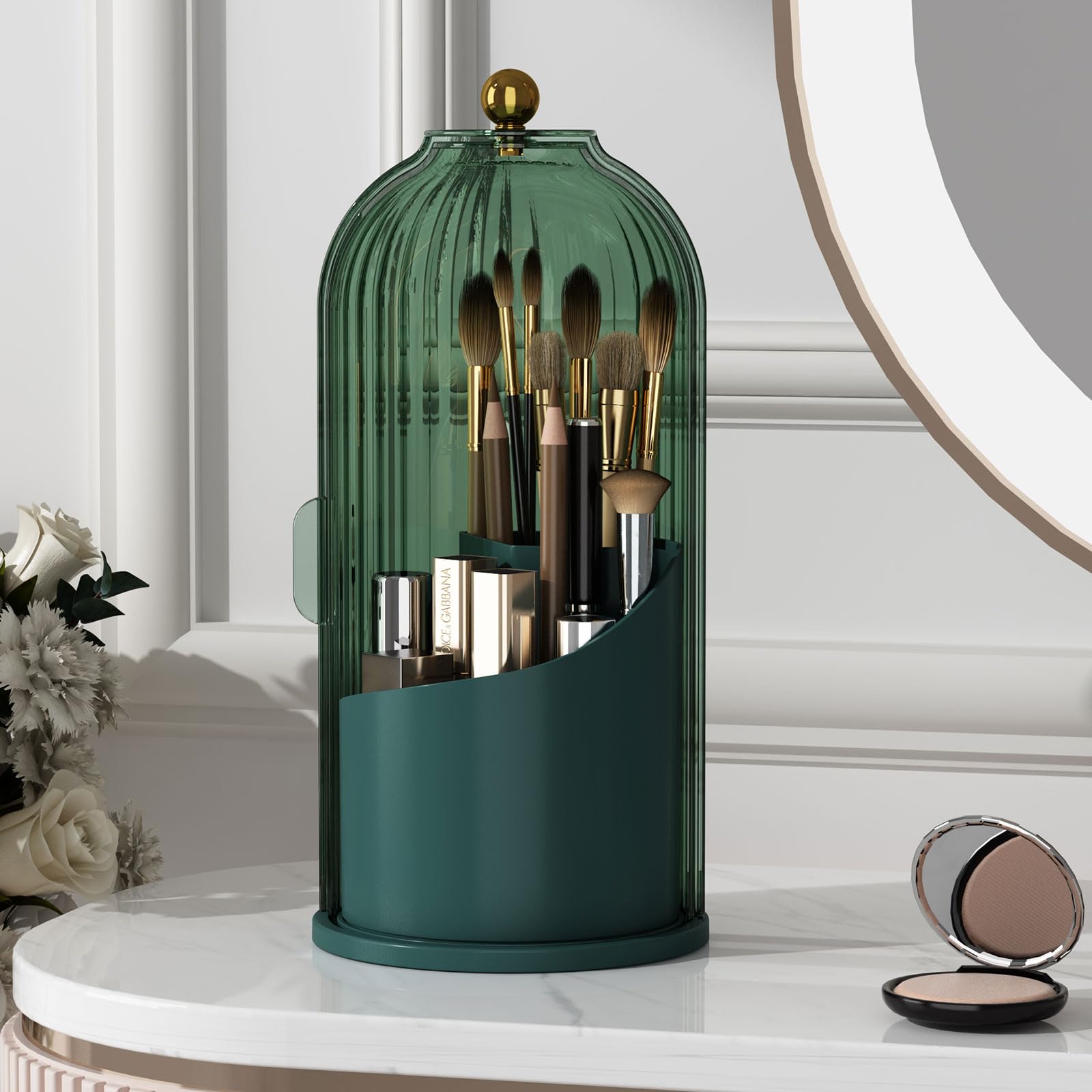 360° Rotating Clear Makeup Brush Holder with Lid - Dustproof Vanity Organizer for Bathroom & Countertop - Perfect for Makeup Storage & Display (Green)