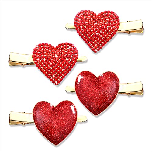 4 Pack Valentine's Day Heart Hair Clips - Glitter Red Heart Alligator Clips, Sparkly Hairpins for Women & Girls (Perfect for Valentine's Gifts, Parties, Weddings & Holiday Hair Accessories)