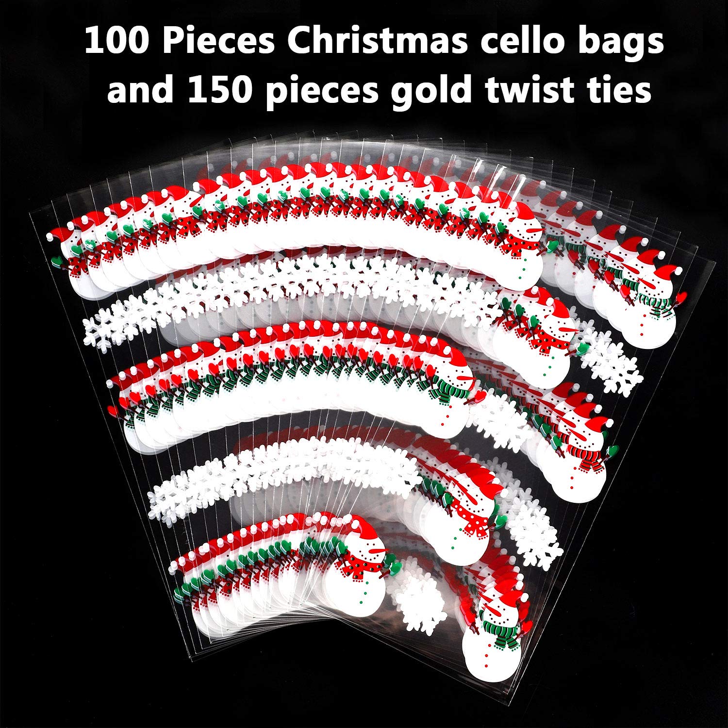 100-Piece Christmas Cellophane Gift Bags with Snowman Design - Includes 150 Twist Ties for Holiday Treats, Candy & Party Favors - Perfect for Christmas Parties, Gift Wrapping & Holiday Celebrations