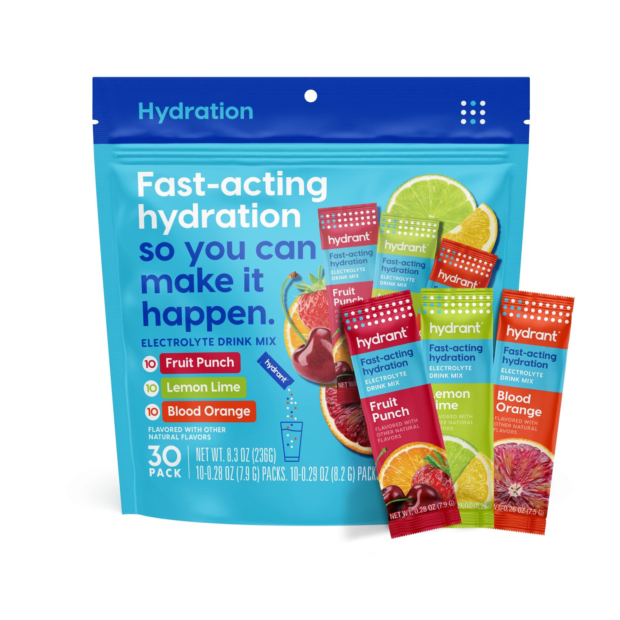 HYDRANT Hydrate Variety 30 Stick Packs - Electrolyte Powder for Rapid Hydration, Rehydration Drink Mix Better Than Water - Perfect for Workouts, Travel & Daily Hydration