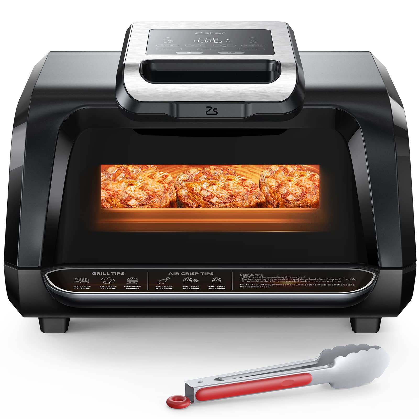 **Zstar 7-in-1 Indoor Grill & Air Fryer Combo – 1750W Smokeless Electric Grill with See-Through Window, Non-Stick Plates & Even Heat (Up to 450°F) – Includes Silicone Tongs & 4Qt Capacity – Perfect for Healthy Cooking, Grilling, Air Frying & More**