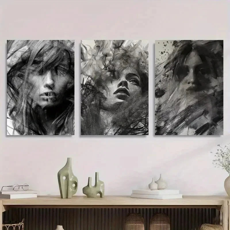 3-Piece Abstract Black and White Female Metal Wall Art Prints - Ready to Hang Modern Home Decor for Living Room, Bedroom & Office