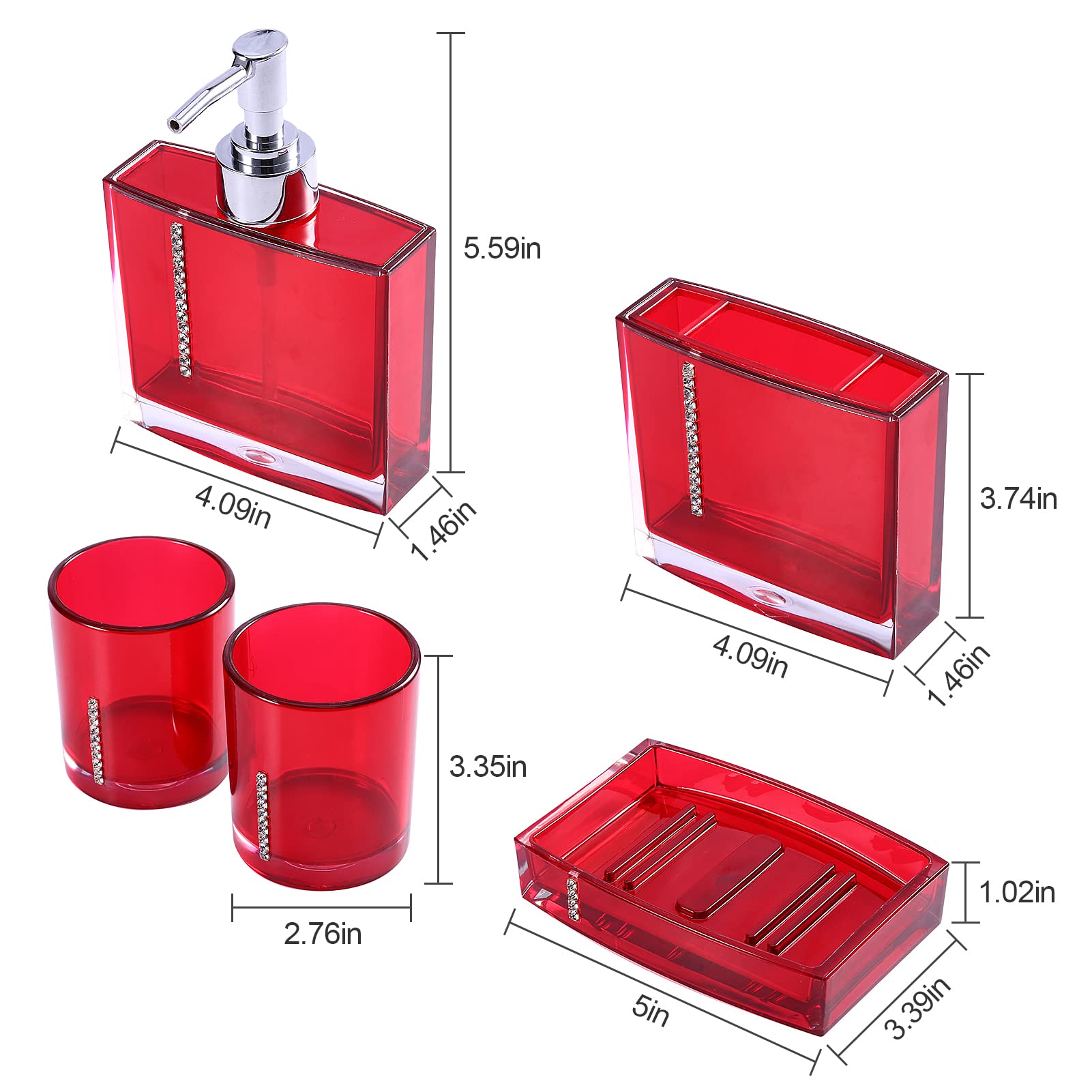 Luxury 5-Piece Red Bathroom Accessories Set - Toilet Brush, Emulsion Bottle & Toothbrush Holder for Modern Bathroom Decor | Perfect for Home, Hotel, and Spa Use