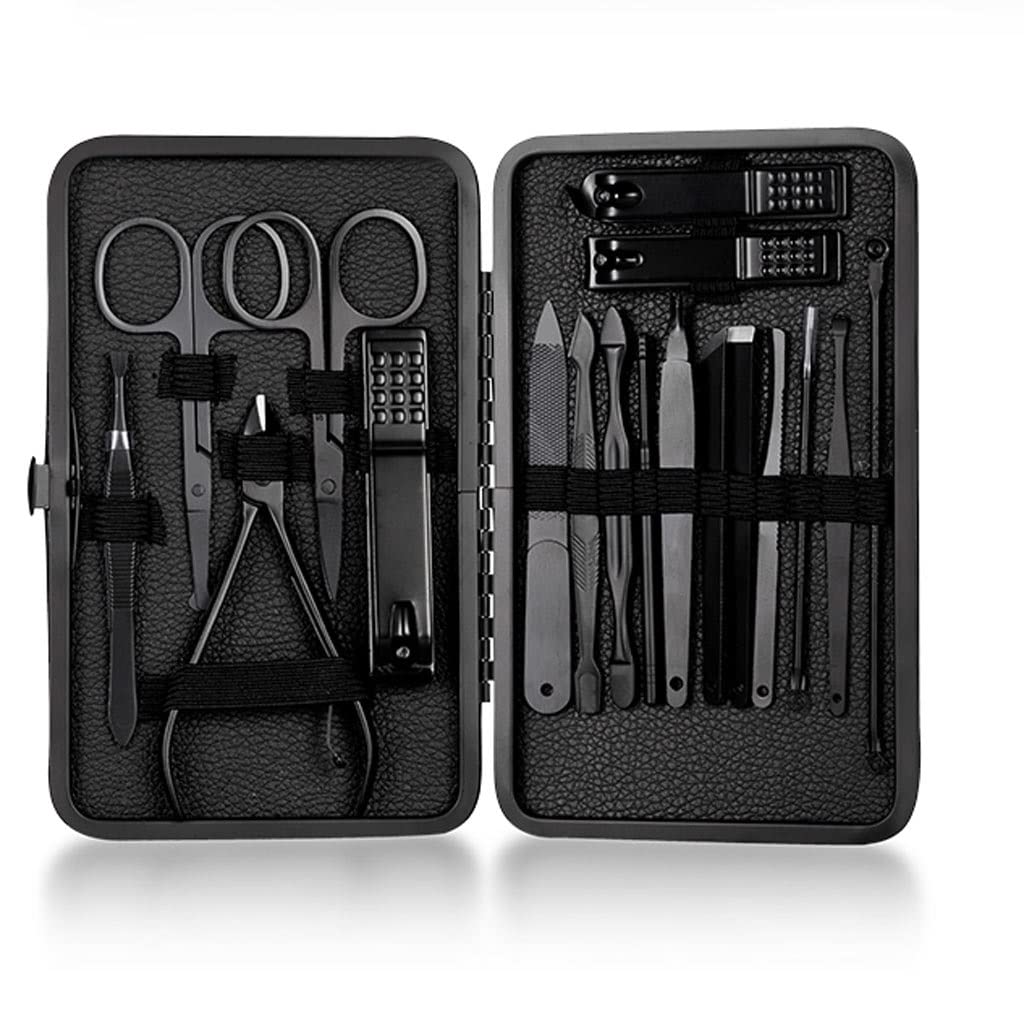 18 Pcs Professional Manicure & Pedicure Kit - Stainless Steel Nail Clippers, Cutters & Ear Spoon Set for Home & Travel (Black) - Perfect for Nail Care, Grooming & Personal Hygiene