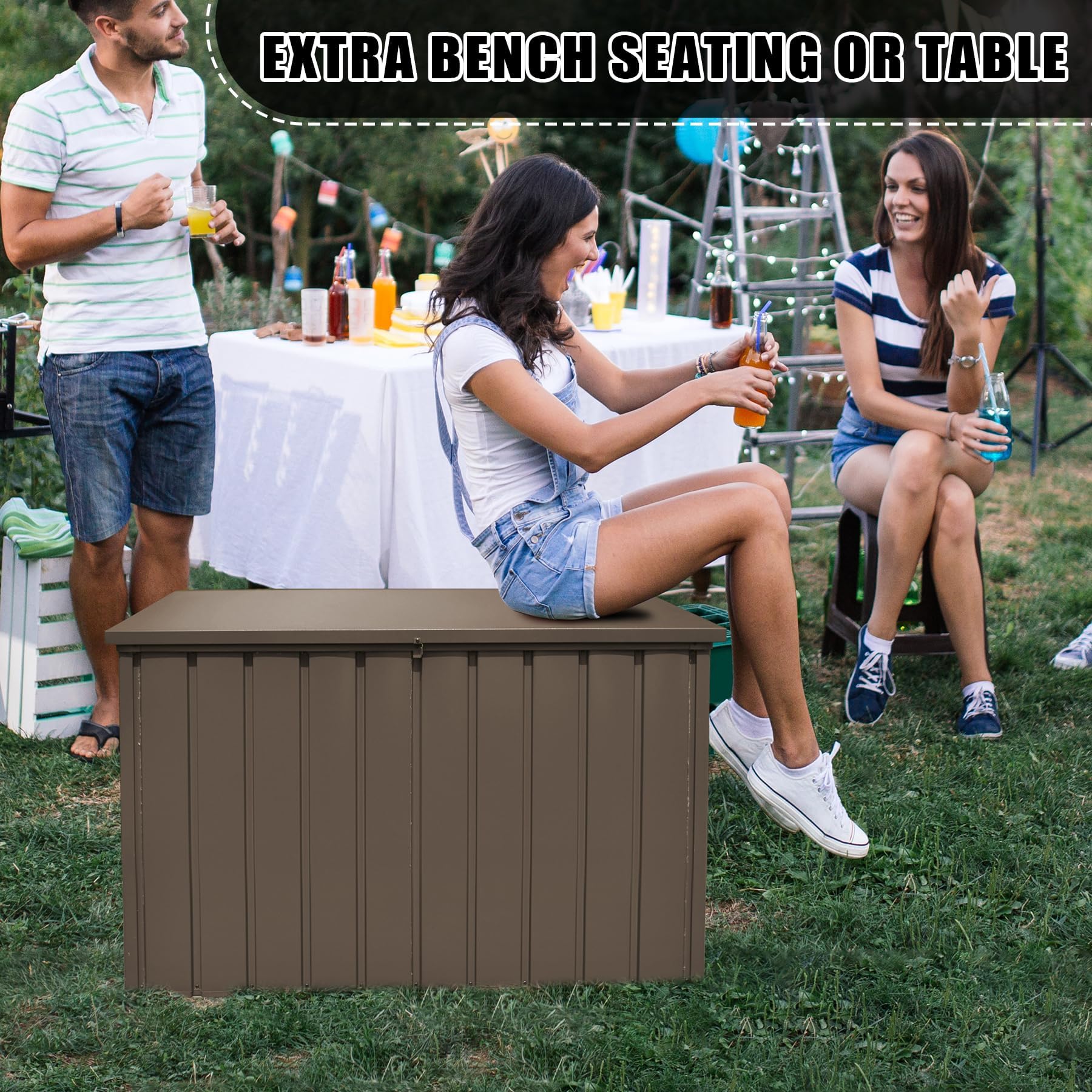 200 Gallon Waterproof Lockable Outdoor Deck Box - Steel Storage Container for Patio Cushions, Garden Tools, Pool Toys & Equipment - Dark Brown Deck Storage Box for Backyard, Poolside & Outdoor Organization