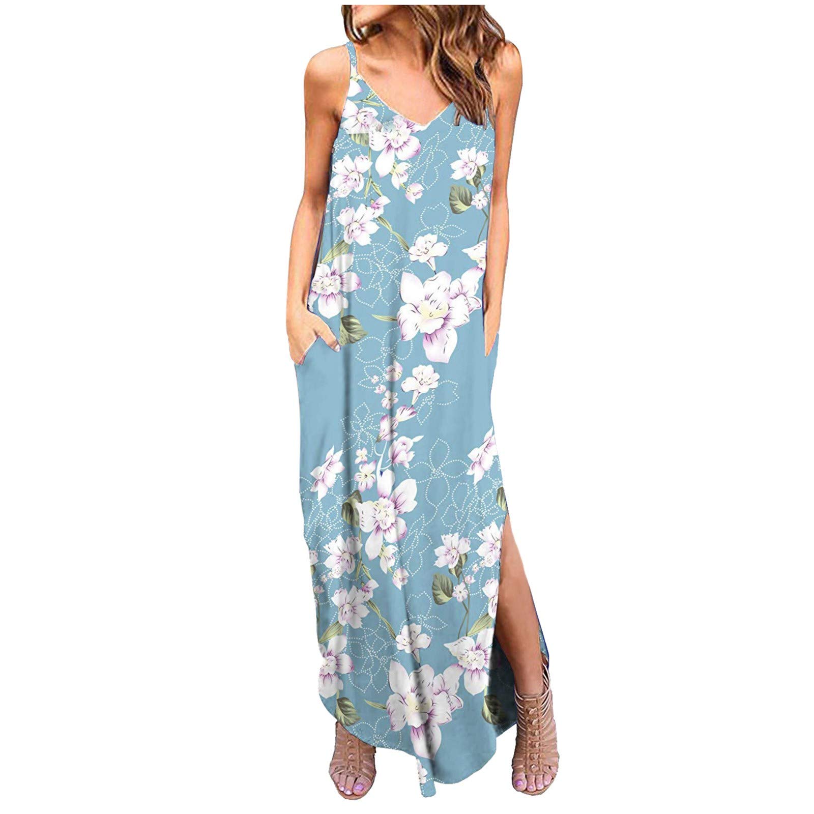 MAGAO Women's Floral Straps Black Maxi Dress - Summer Beach Casual Long Dress with Turquoise Flower Design | Perfect for Vacations, Pool Parties & Boho Outfits