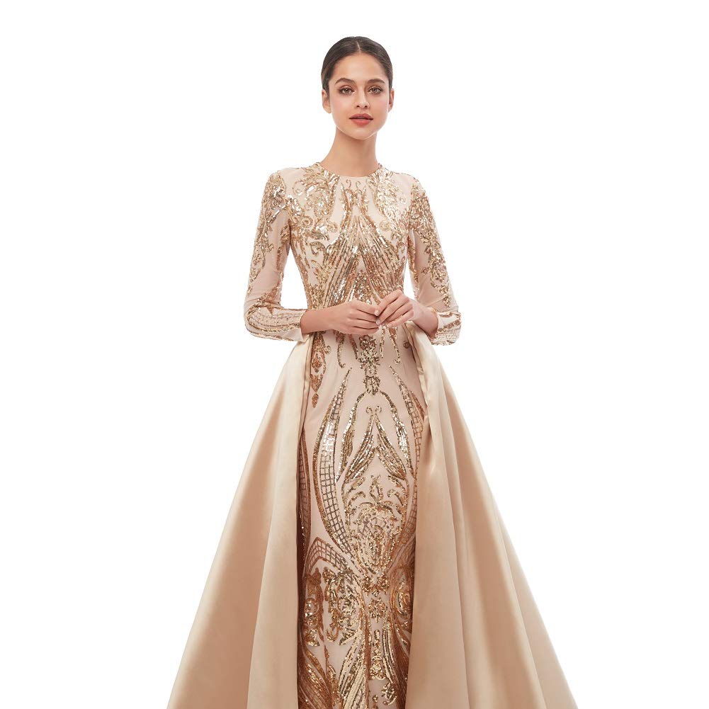 Engerla Women's Detachable Train Mermaid Evening Dress - Long Sleeve Formal Gown for Prom, Party, Wedding & Celebrity Events | Elegant Night Out & Special Occasion Wear
