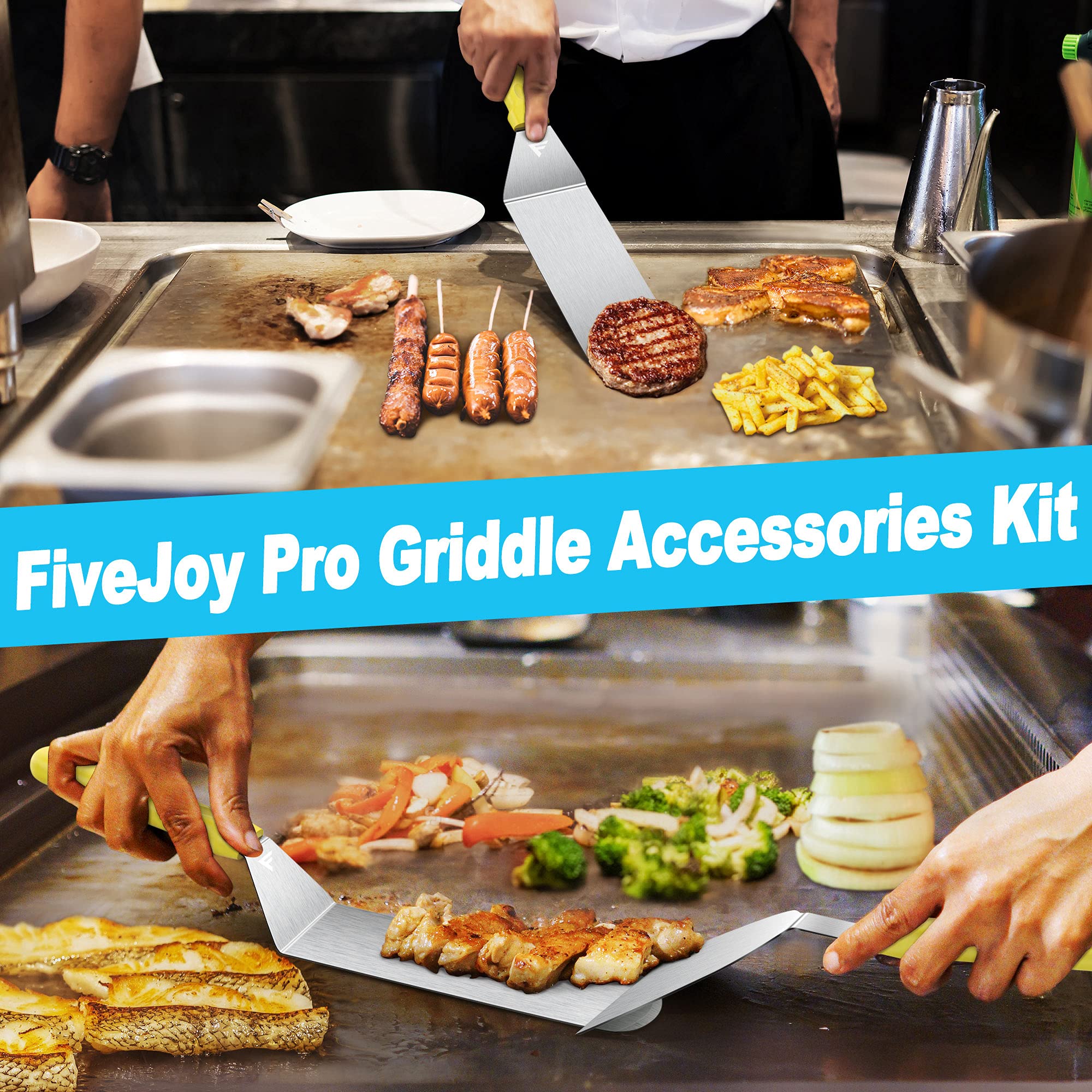 FiveJoy 17-Piece Griddle Accessories Kit for Blackstone & Camp Chef Flat Top Grills - Stainless Steel Spatulas, Scraper, Egg Rings & Cleaning Tools - Perfect for BBQ, Camping, Tailgating & Outdoor Cooking - Great Gift for Men, Women & Dad