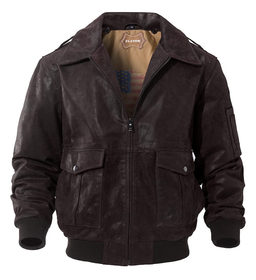 FLAVOR Men's Genuine Leather Flight Bomber Jacket - Classic Aviator Style for US Air Force Enthusiasts | Perfect for Motorcycle Riding, Casual Outfits & Winter Fashion