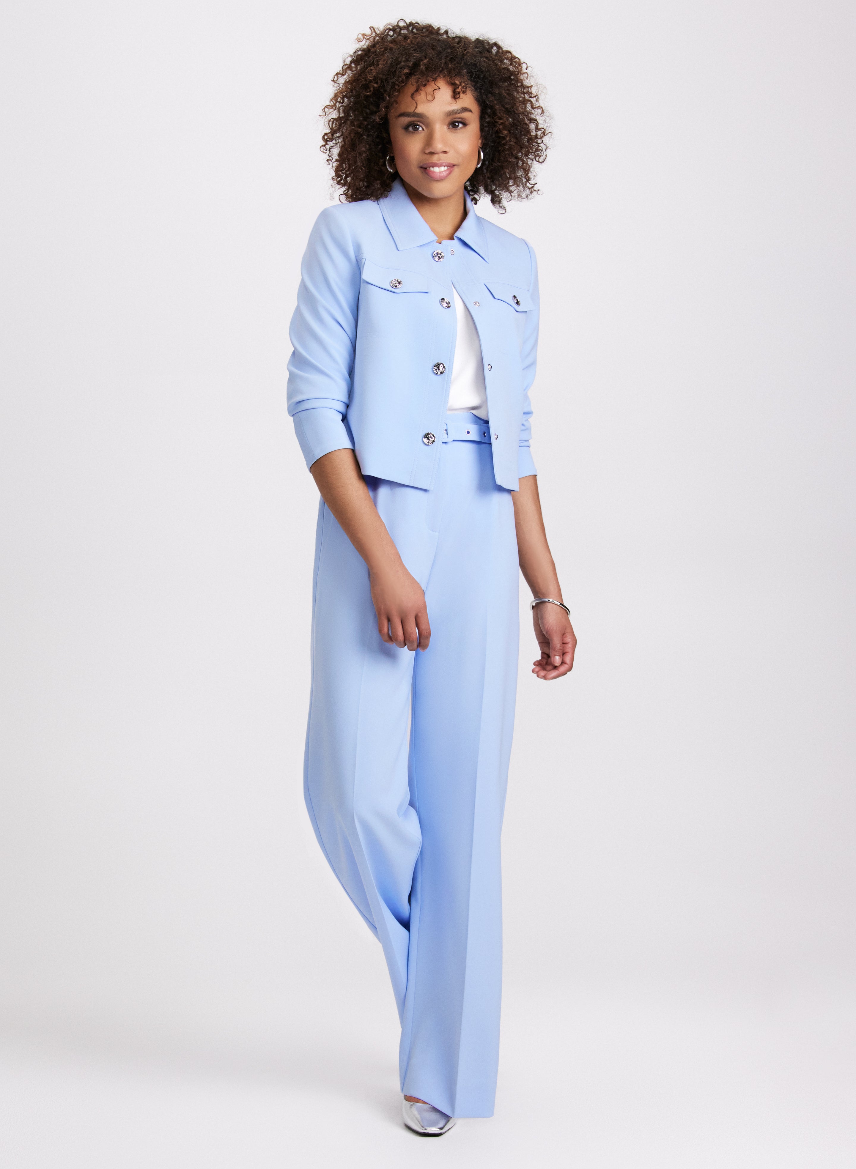Cropped Embossed Button Jacket & Olivia Belted Wide Leg Pants Set - Women's Fashion Outfit for Work, Date Night and Special Occasions