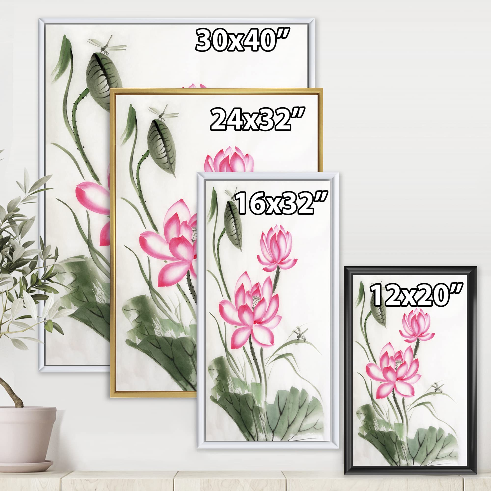 Lotus and The Dragonfly I - Traditional Framed Canvas Wall Art Print for Home Decor | Asian Inspired Nature Painting | Perfect for Living Room, Bedroom & Office Wall Decor