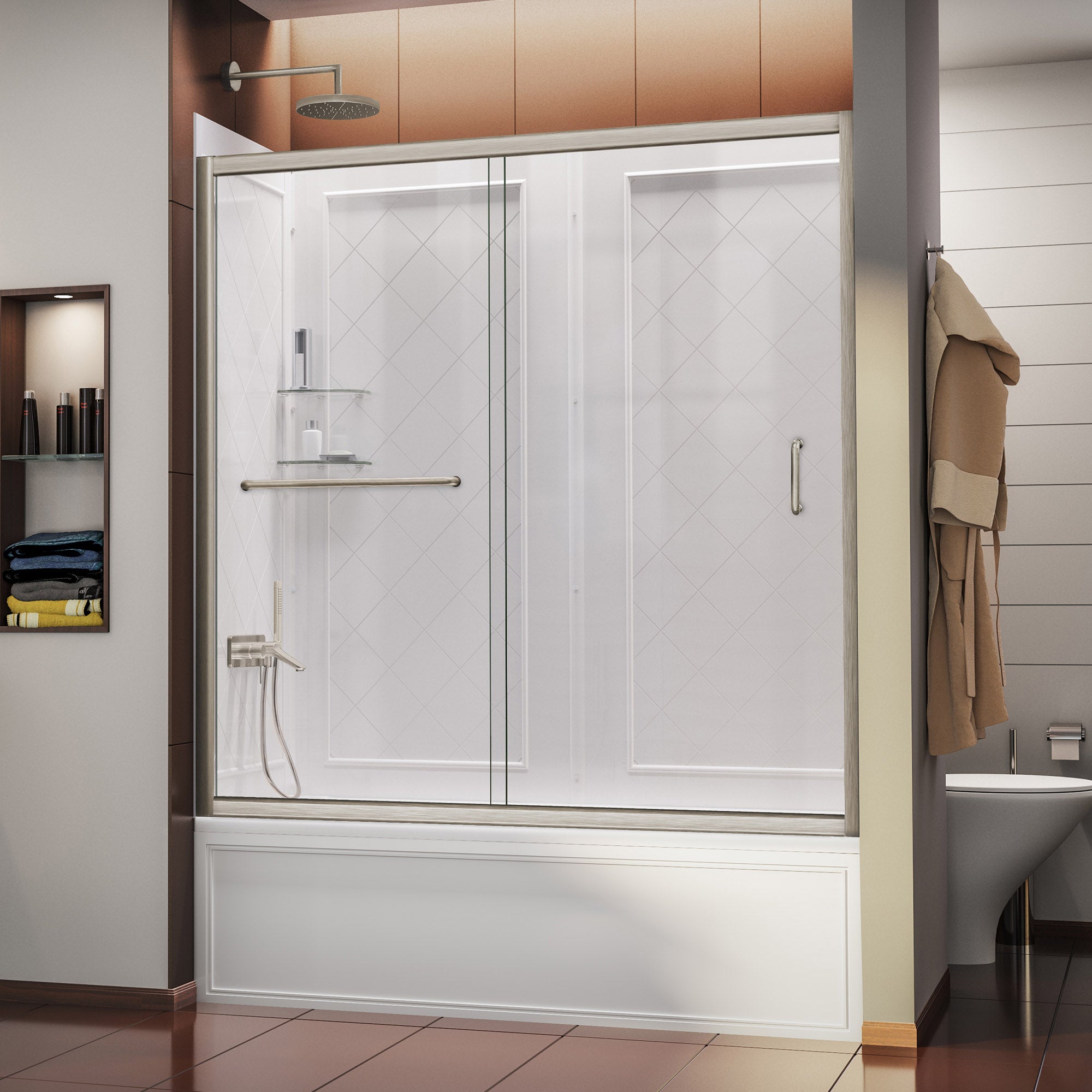 DreamLine Infinity Z 56-60 Inch Semi-Frameless Sliding Shower Door with Clear Glass & QWALL Acrylic Backwall Kit - Perfect for Modern Bathroom Renovations and Space-Saving Designs