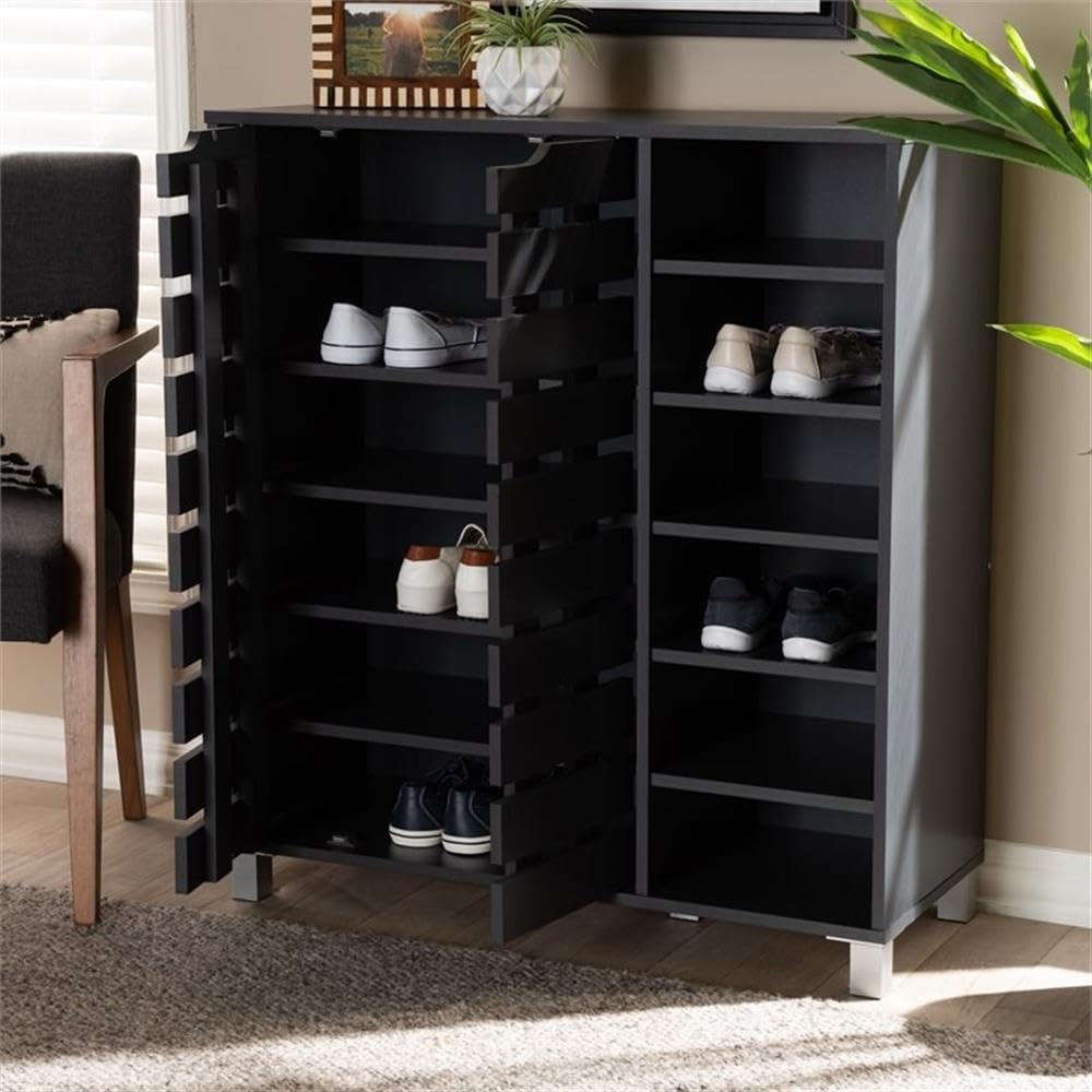 BOWERY HILL Modern Dark Grey 2-Door Wooden Shoe Storage Cabinet with Open Shelves - Organize Entryway, Bedroom or Closet - Space Saving Shoe Rack for Home & Office