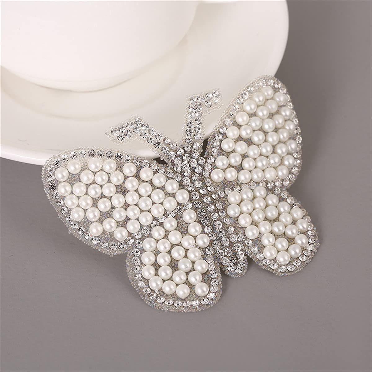 5 Pcs White Pearl Butterfly Rhinestone Iron-On Patches for Clothing - DIY Sew-On Applique Repair Decoration for Jeans, Bags, Jackets & Crafts | Perfect for Customizing Denim, Backpacks & DIY Fashion Projects