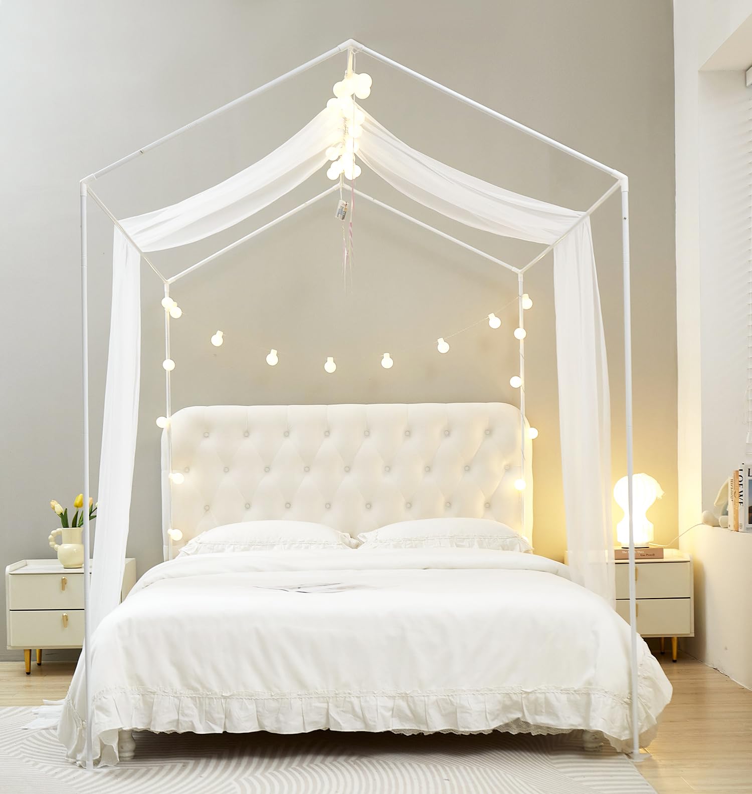 **Mengersi House Bed Canopy with LED Lights - Montessori Floor Bed Canopy for Kids, Girls & Boys - Four Poster Bed Curtains for Twin/Twin XL - White - Perfect for Nursery, Bedroom & Playroom Decor**