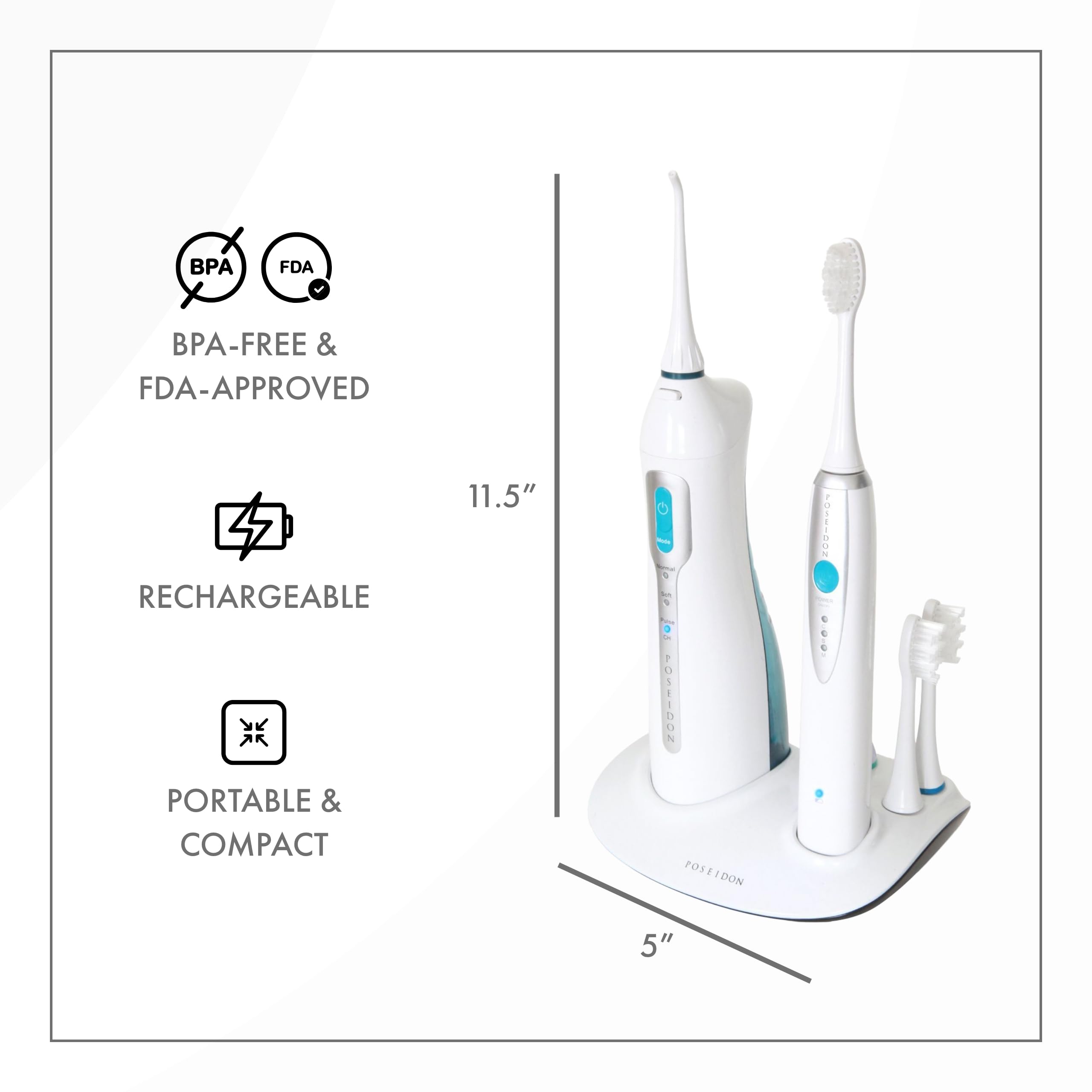 ToiletTree Poseidon Rechargeable Sonic Toothbrush & Water Flosser Combo - Electric Toothbrush with Oral Irrigator for Healthy Gums & Fresh Breath - Includes 4 Brush Heads & 3 Water Jet Tips - Perfect for Travel, Home & Family Dental Care