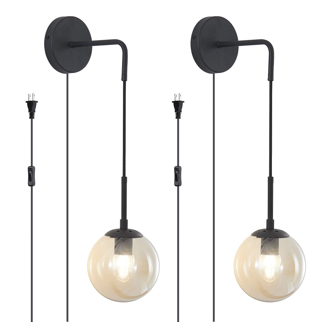 BOKT Matte Black Amber Glass Wall Sconce Light Set of 2 - Plug in Mid Century Modern Globe Wall Lamp for Farmhouse & Industrial Bathroom Decor - Perfect for Bedroom, Living Room, and Hallway Lighting
