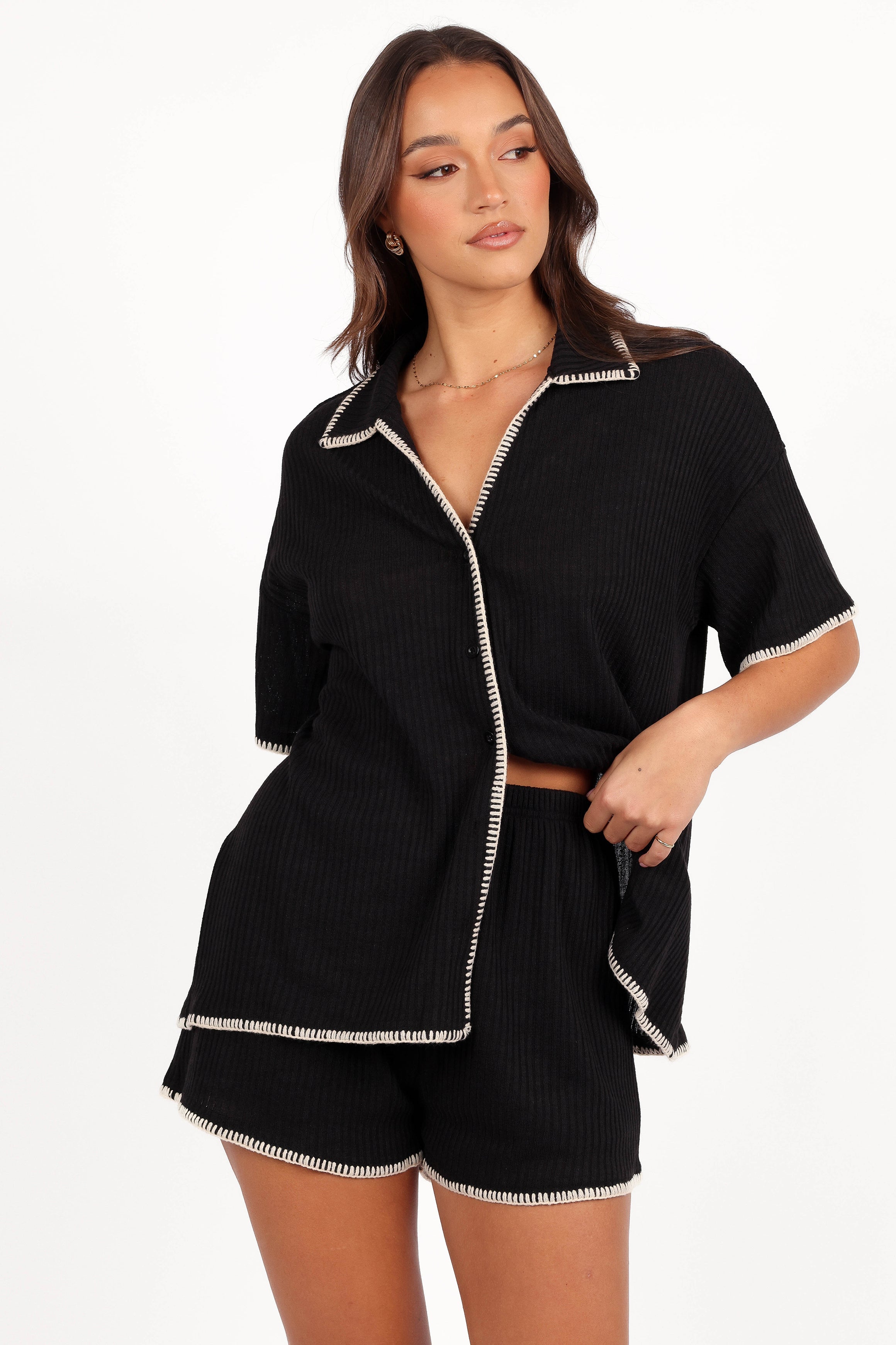 Essen Knit Shirt Set for Women - Black & Cream Comfy Casual Outfit | Perfect for Work, Travel and Everyday Wear