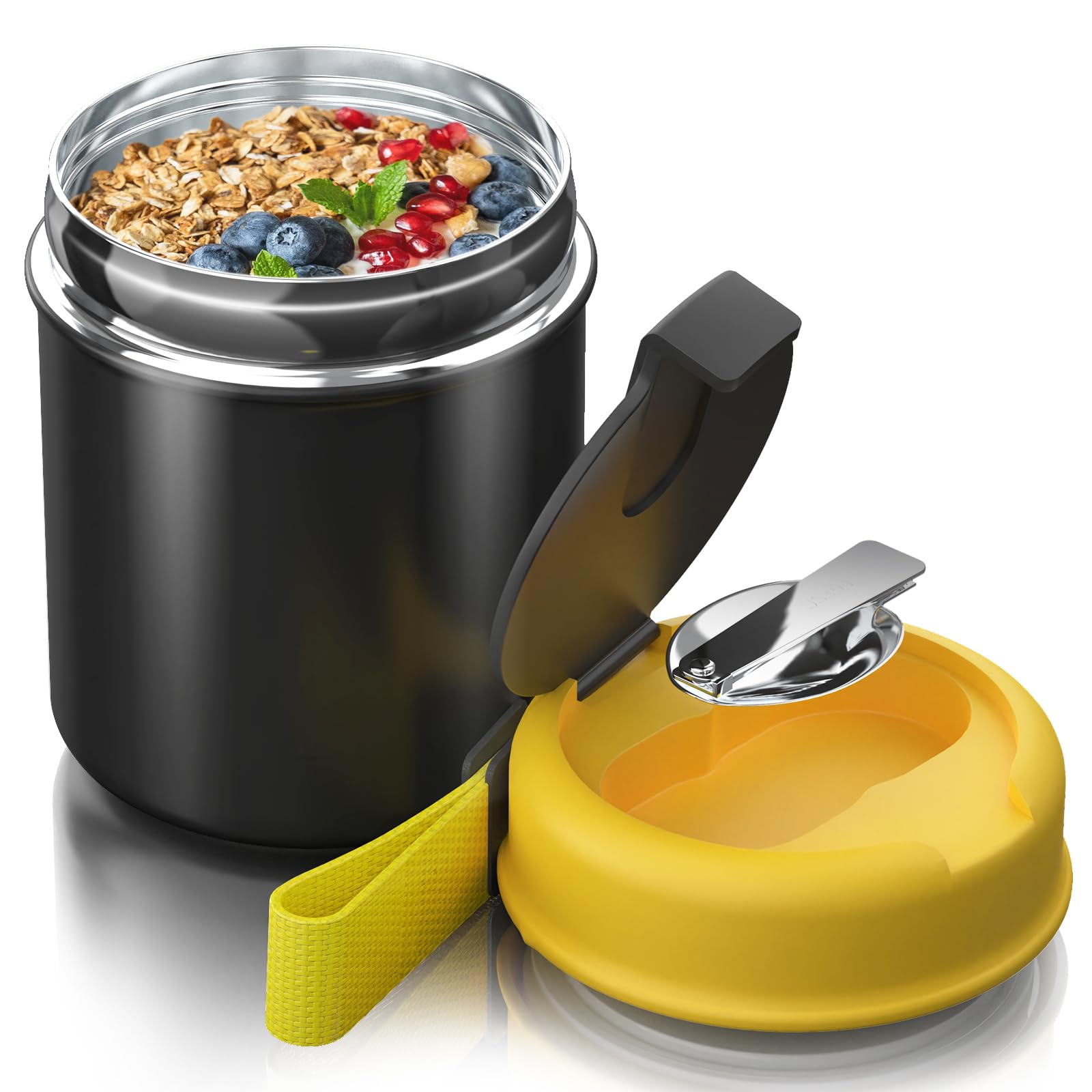 15.8oz Insulated Stainless Steel Food Thermos for Kids & Adults - Leak Proof Hot Cold Soup Container with Spoon, Wide Mouth Lunch Box for School, Office, Camping, Hiking, Travel (Black)