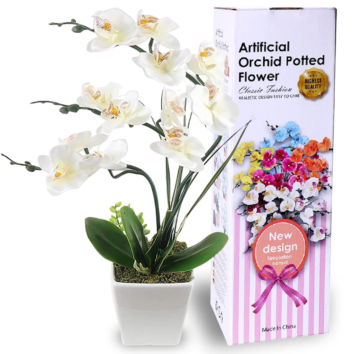 Artificial Orchid Flowers Bonsai with Pot - Fake Phalaenopsis Orchid Arrangement for Home & Office Decor (White) | Perfect for Table Centerpieces, Wedding Decor, and Indoor Plant Displays