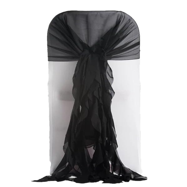 50 Premium Black Curly Chiffon Chair Covers with Sashes - Elegant Wedding, Party & Reception Decorations - Perfect for Banquets, Ceremonies, and Special Events
