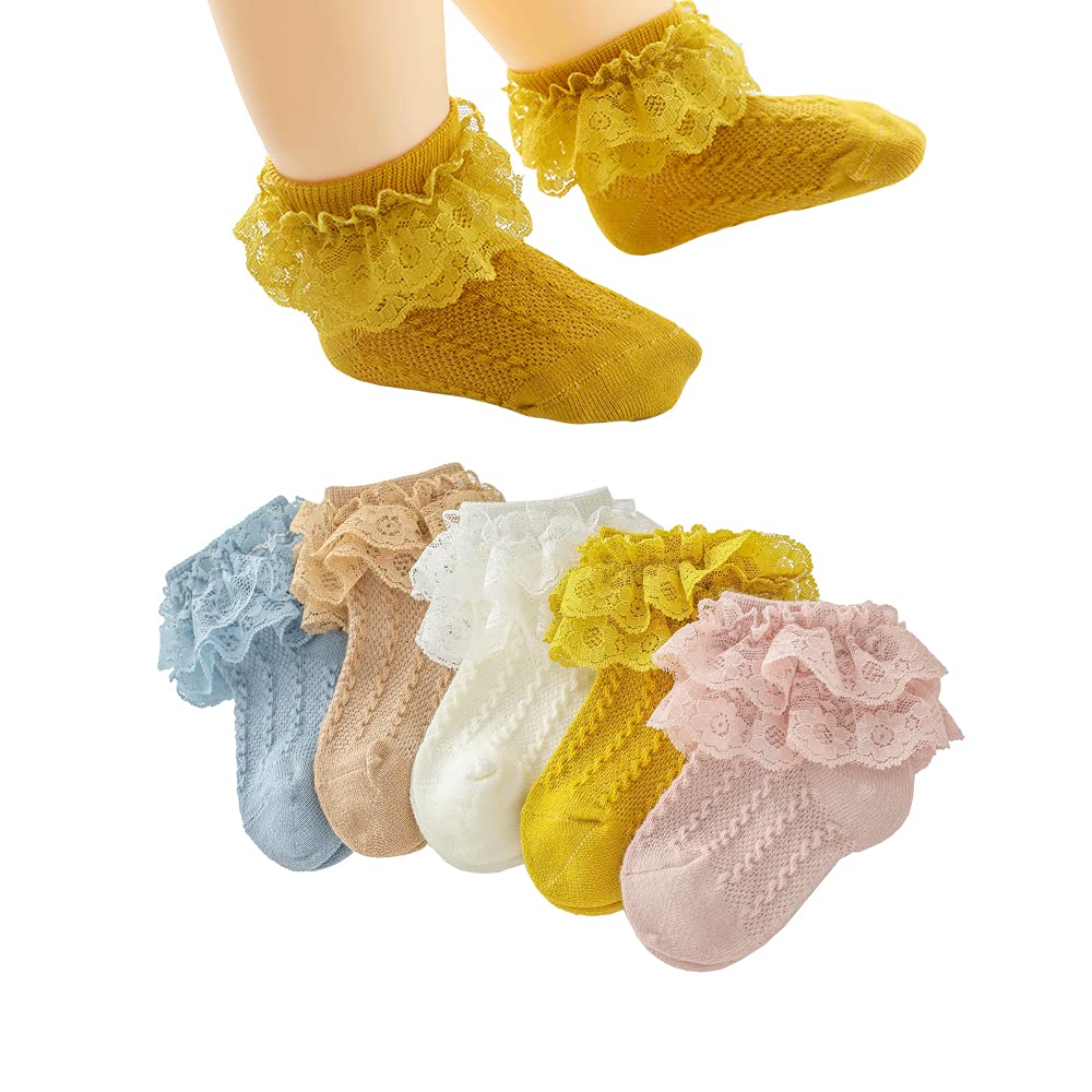 4/5/6 Pack Baby Girls Ruffle Socks - Lace Flower Ankle Socks for Toddlers & Infants - Soft Frilly Socks for Newborns & Little Girls - Perfect for Everyday Wear, Special Occasions & Photo Shoots
