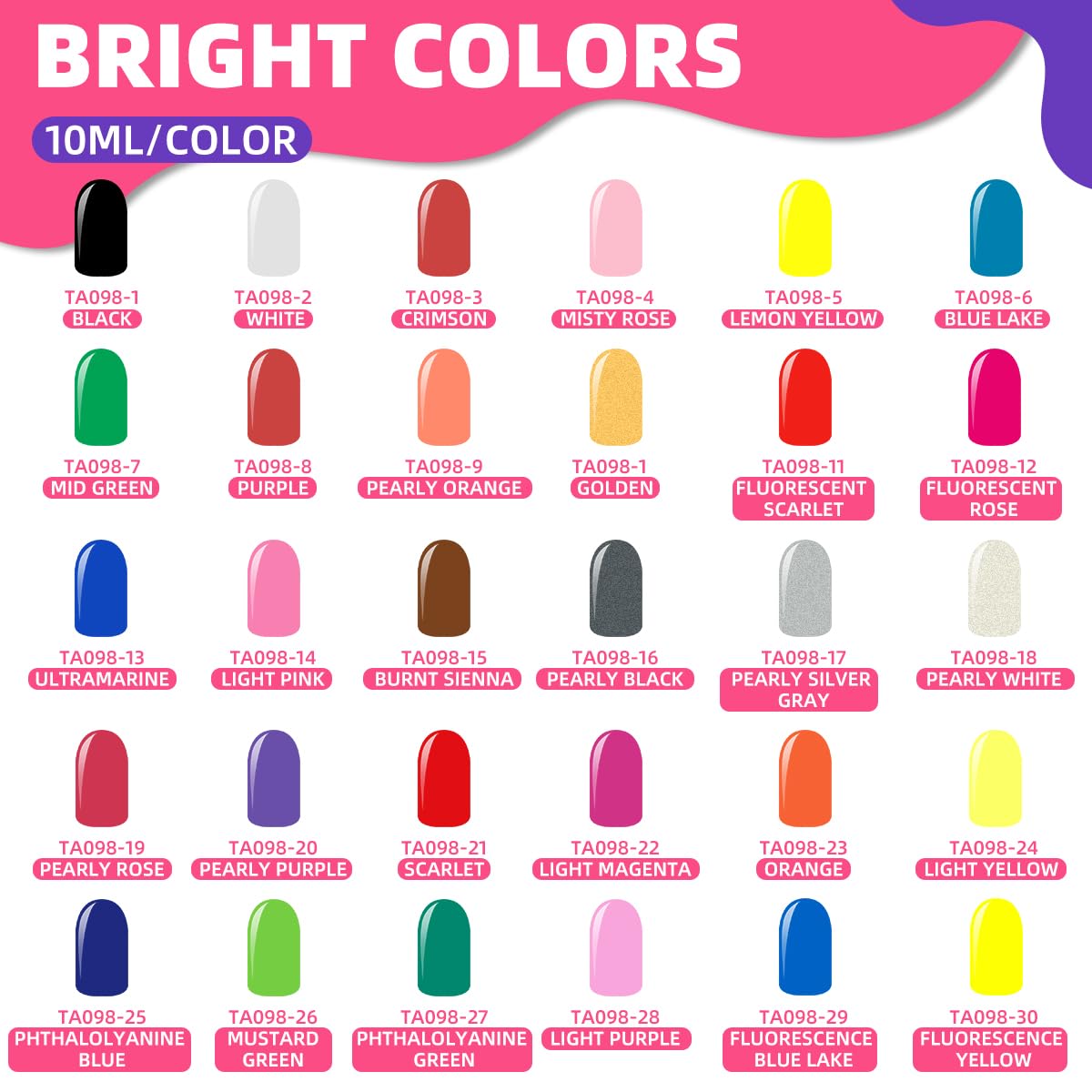 OPHIR 30 Colors Nail Art Ink Set - Airbrush & Acrylic Paint for Nails, Crafts, Model Hobbies & Shoe Painting | 10ML/Bottle Professional Nail Pigments | Perfect for Salon, DIY Nail Art & Creative Projects