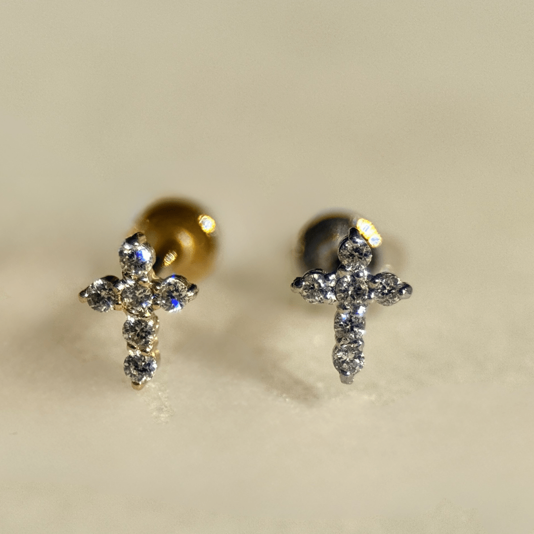 14K White Gold Diamond Pavé Cross Stud Earrings - Hypoallergenic Flat Back for Sensitive Ears | Perfect for Everyday Wear, Gifts & Special Occasions