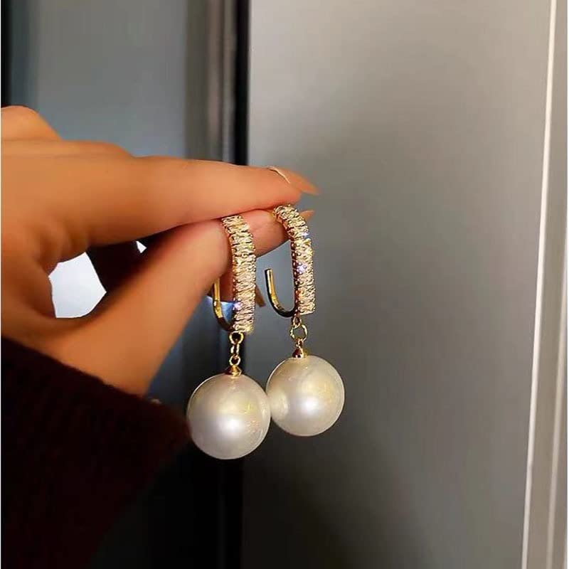 2021 Korean Style Oversized White Pearl Drop Earrings for Women - Bohemian Golden Round Zircon Wedding Jewelry Gift - Perfect for Bridal, Party & Special Occasions