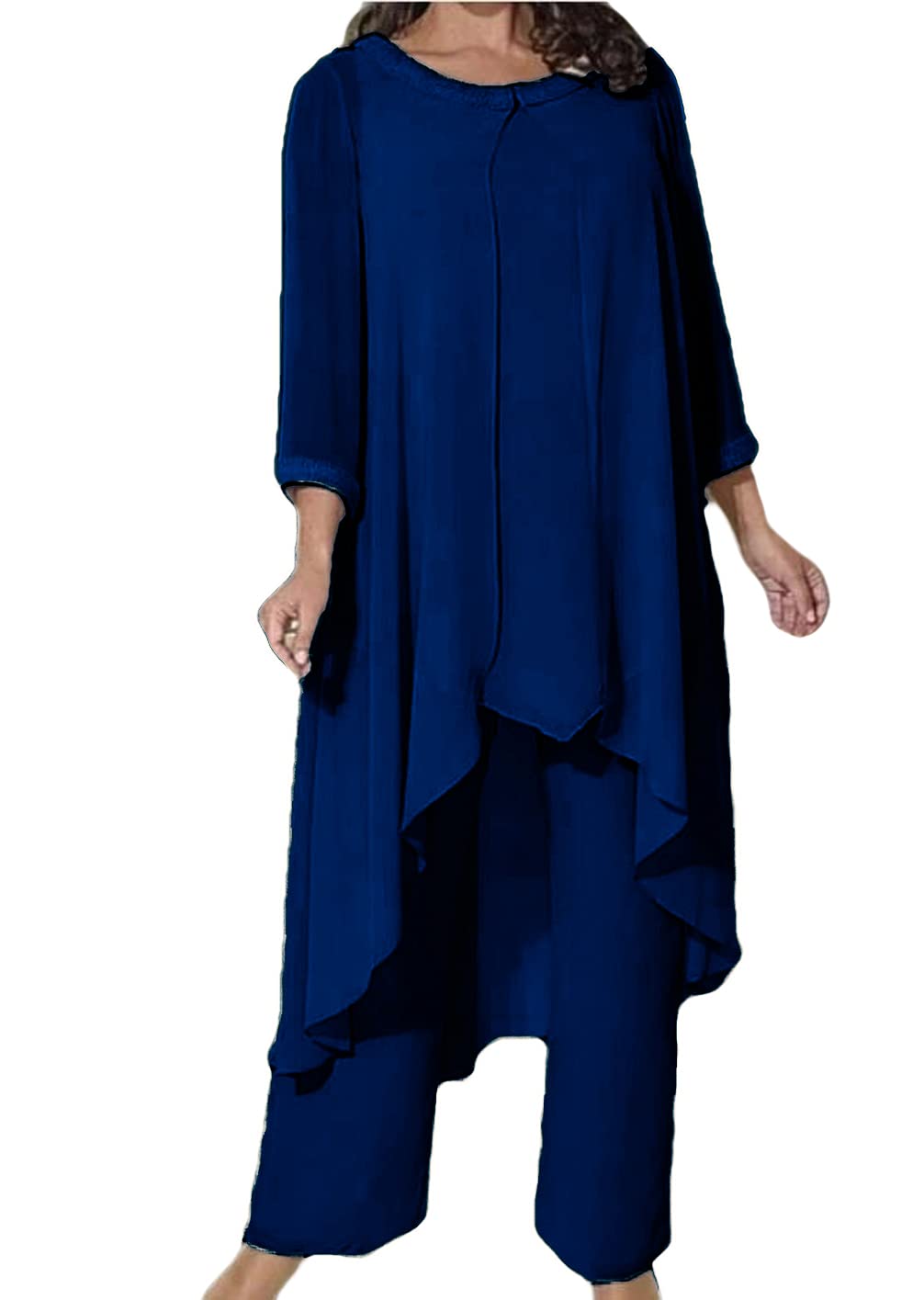 Elegant Plus Size Mother of the Bride Pant Suit - Jewel Neck Floor Length Chiffon Dress with 3/4 Sleeves & Pleats | Wedding Guest Outfit, Formal Occasions, Special Events