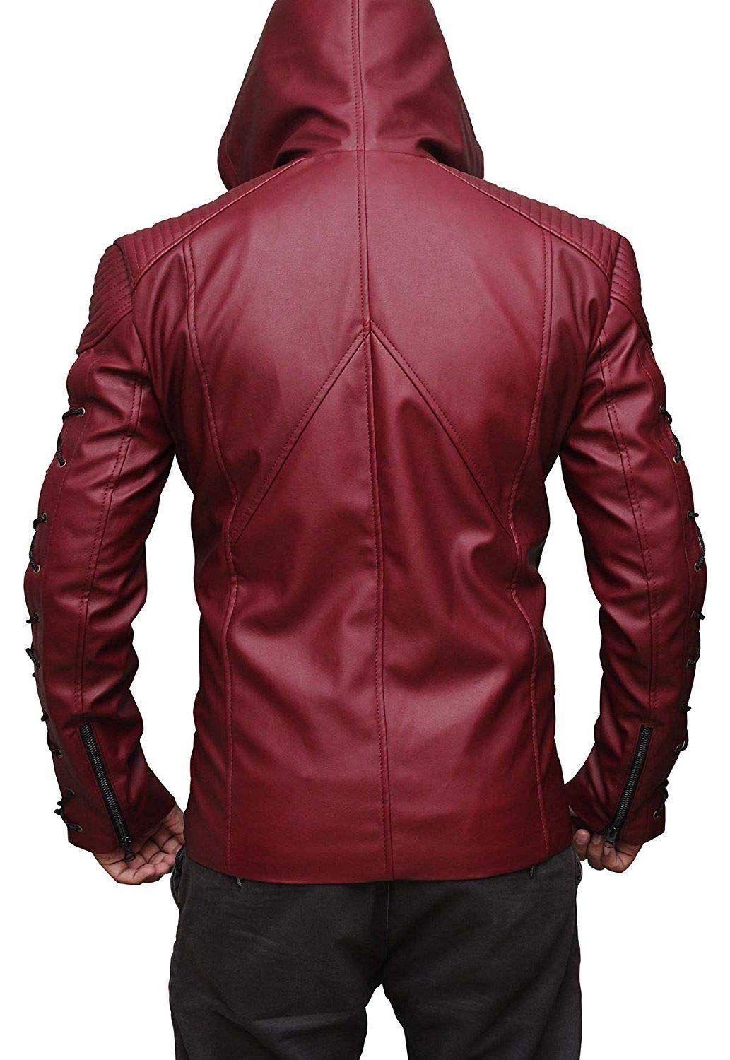 Arrow Arsenal Red Hooded Faux Leather Jacket - Cosplay Costume for Halloween, Comic Con & Superhero Themed Parties