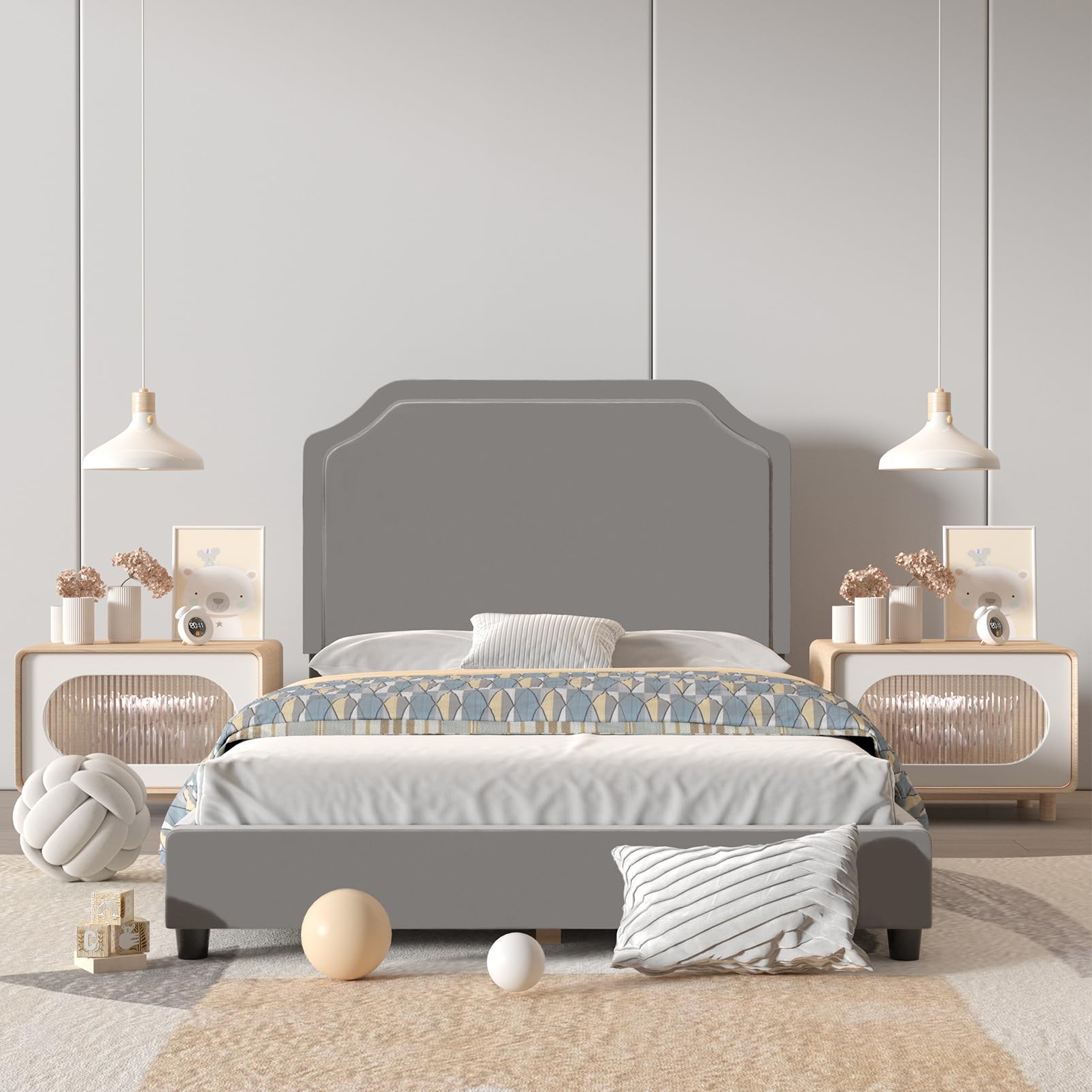 Velvet Upholstered Twin Bed Frame for Kids - Adjustable Wooden Headboard, Soft & Durable Gray Bed for Boys & Girls - Perfect for Bedrooms, Playrooms & Sleepovers