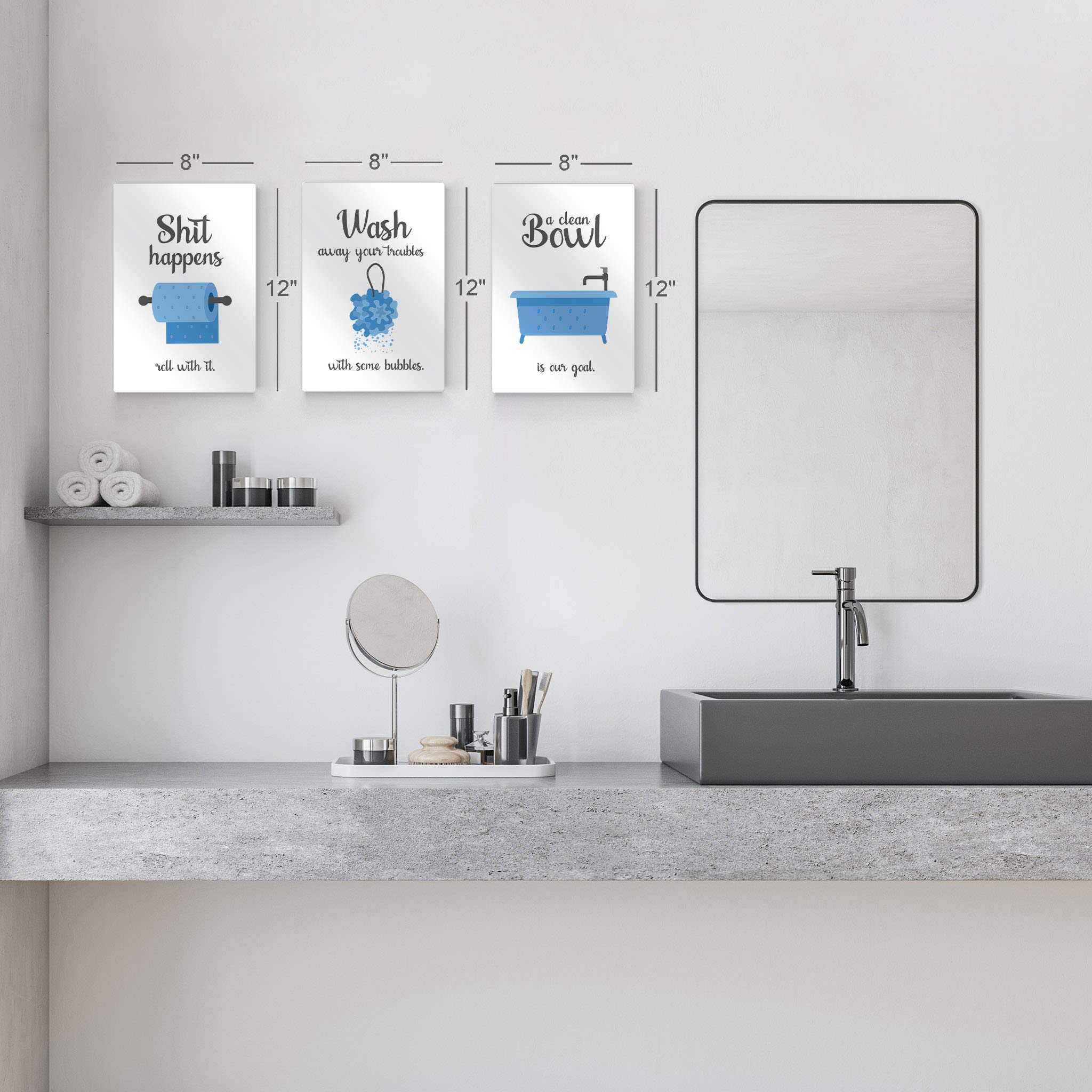 Smile Art Design 'Shit Happens' Funny Bathroom Wall Art Set - 3 Piece Metal Print (17x11 inches) with 'Wash Away Your Troubles' Quote - Ready to Hang Bathroom Decor for Home, Office or Gift - Humorous Toilet Sign for Stress Relief & Relaxation